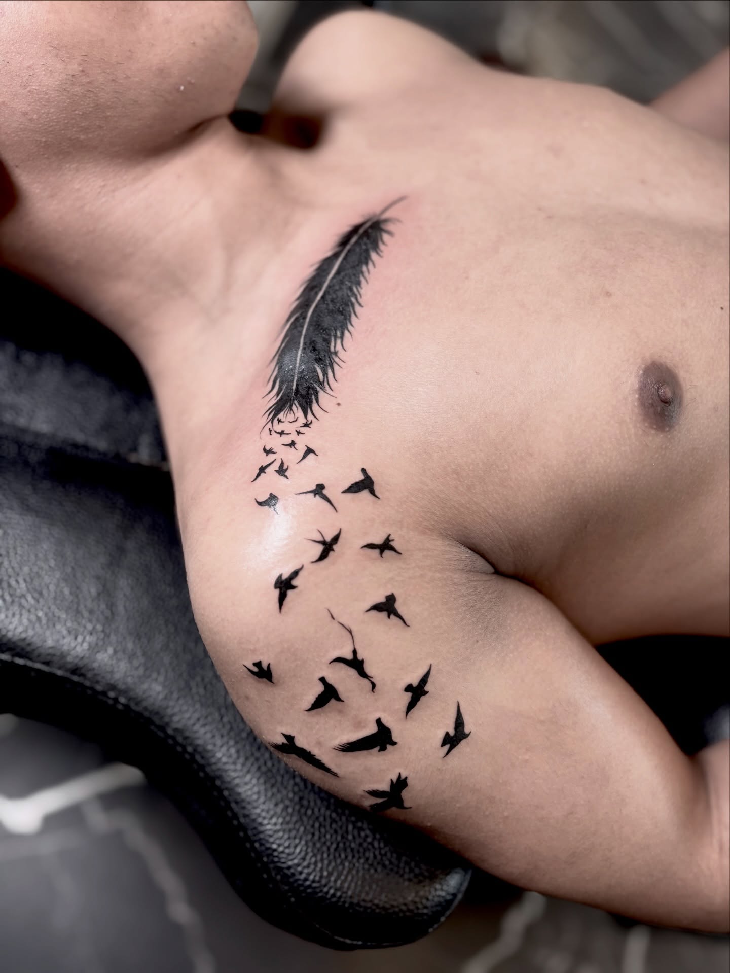 Feather and birds black and grey tattoo on the chest by Barbara Gonzalez