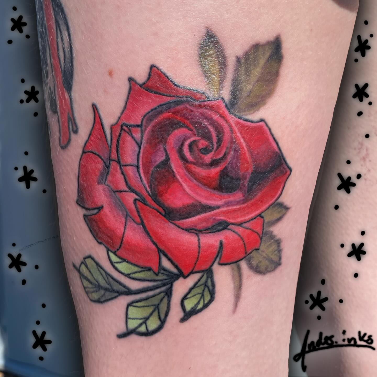 Red rose realism tattoo on the forearm by ande
