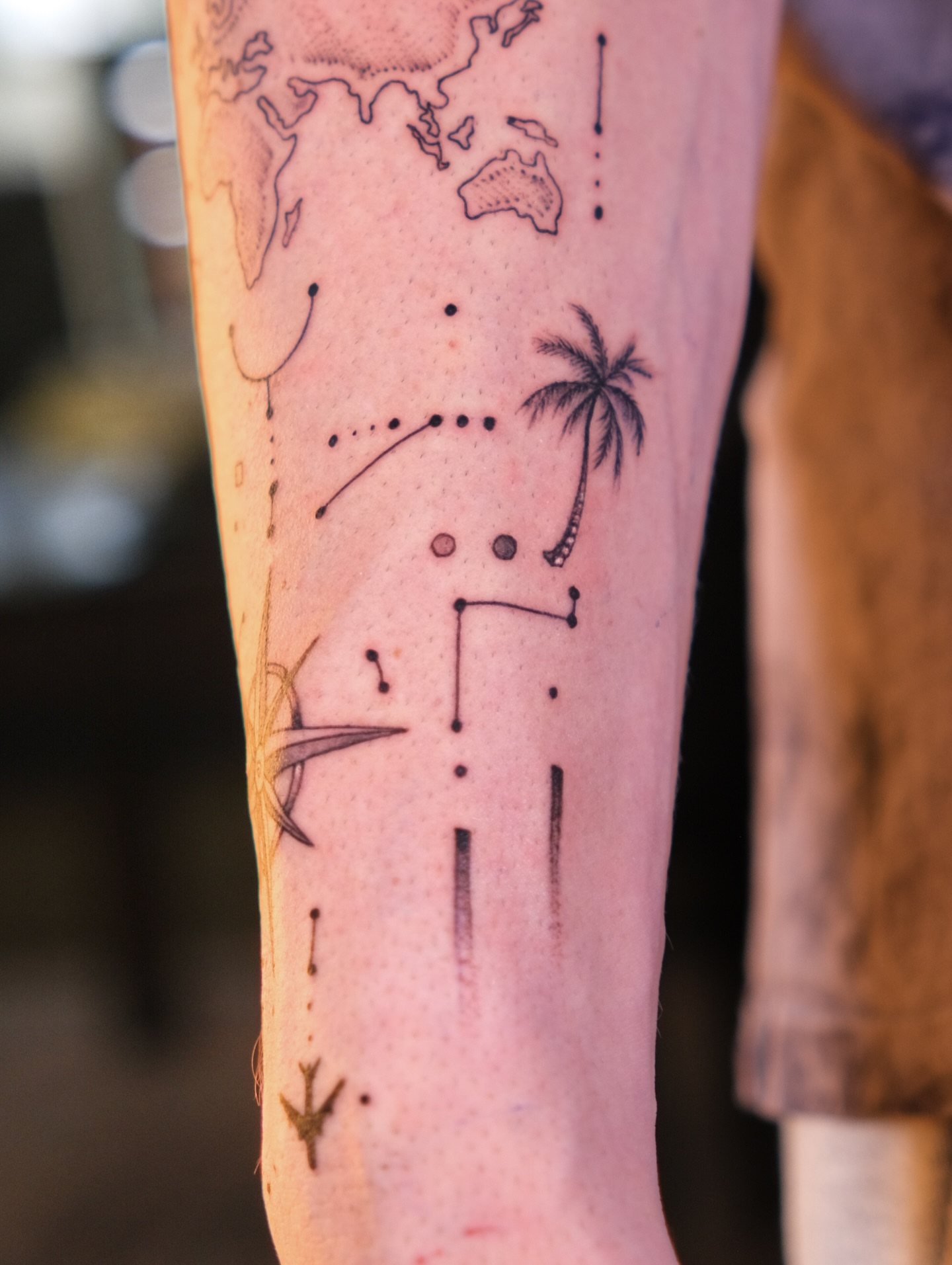 Constellation and palm tree dotwork tattoo on the forearm by Tattoo Miami π