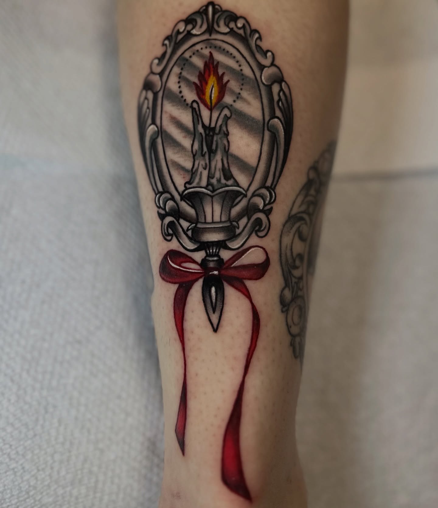 Candle with flame American traditional tattoo on the forearm by Nick Weaver aka gibby sometimes gilbert