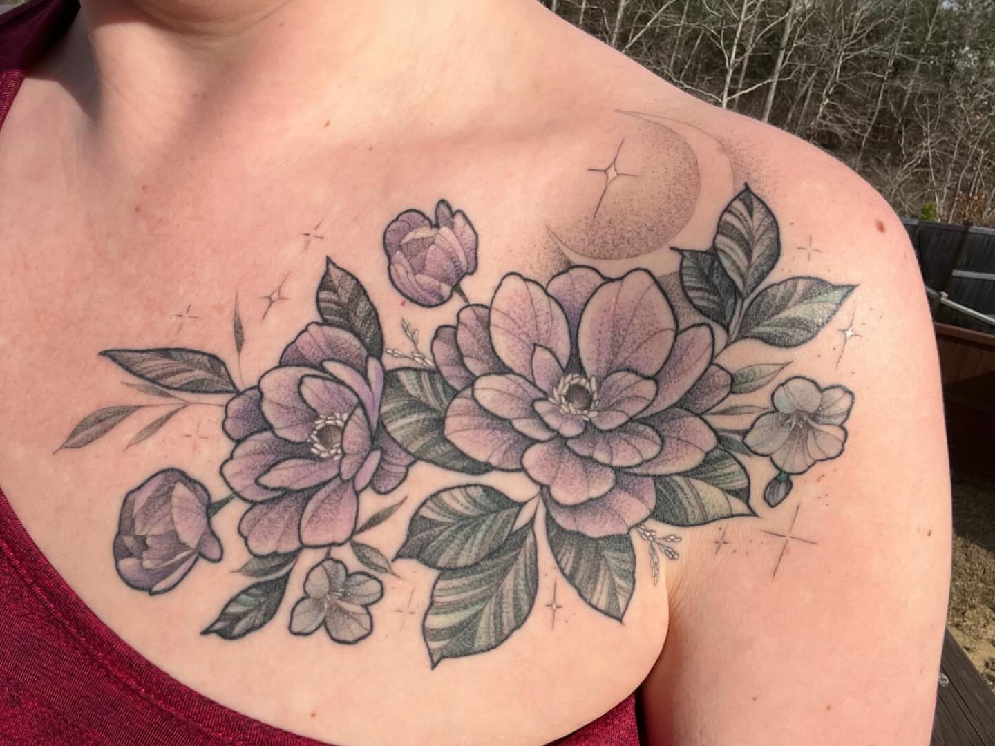Flower bouquet realism tattoo on the shoulder by Ashley matthews