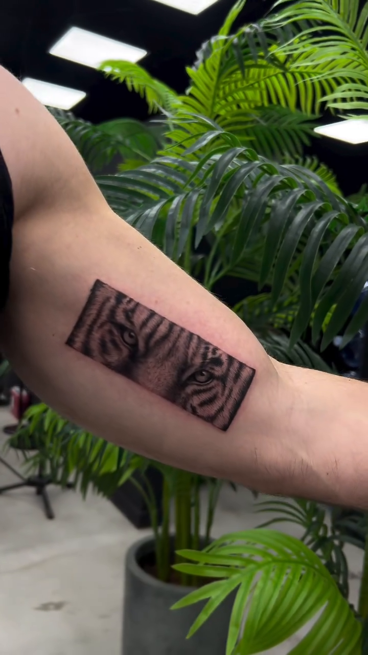 Tiger eyes realism tattoo on the forearm by Lina Valentina, New York, New York