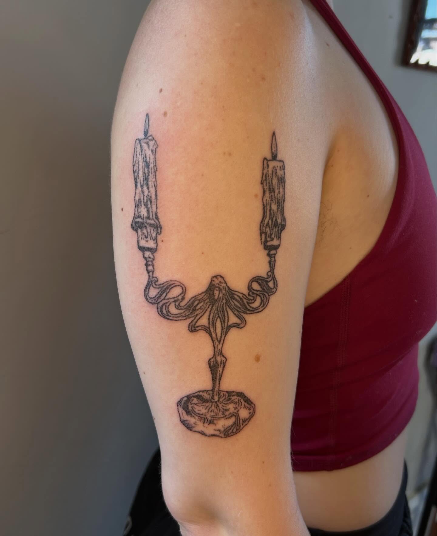 Candlestick black and grey tattoo on the upper arm by ˙⋆✮⋆˙‧₊˚✧ sophie ✧˚₊‧˙⋆✮⋆˙