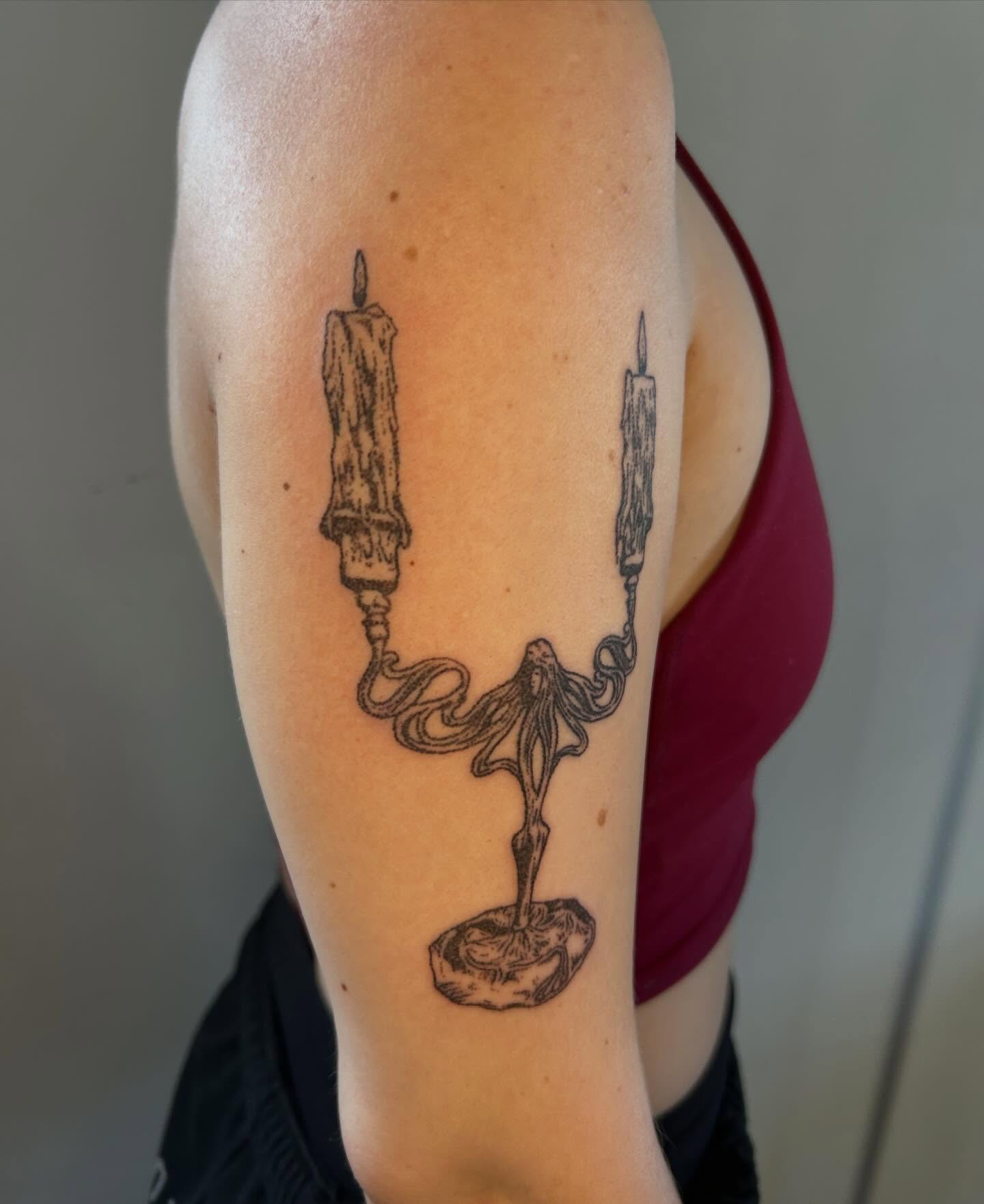 Candlestick black and grey tattoo on the forearm by ˙⋆✮⋆˙‧₊˚✧ sophie ✧˚₊‧˙⋆✮⋆˙