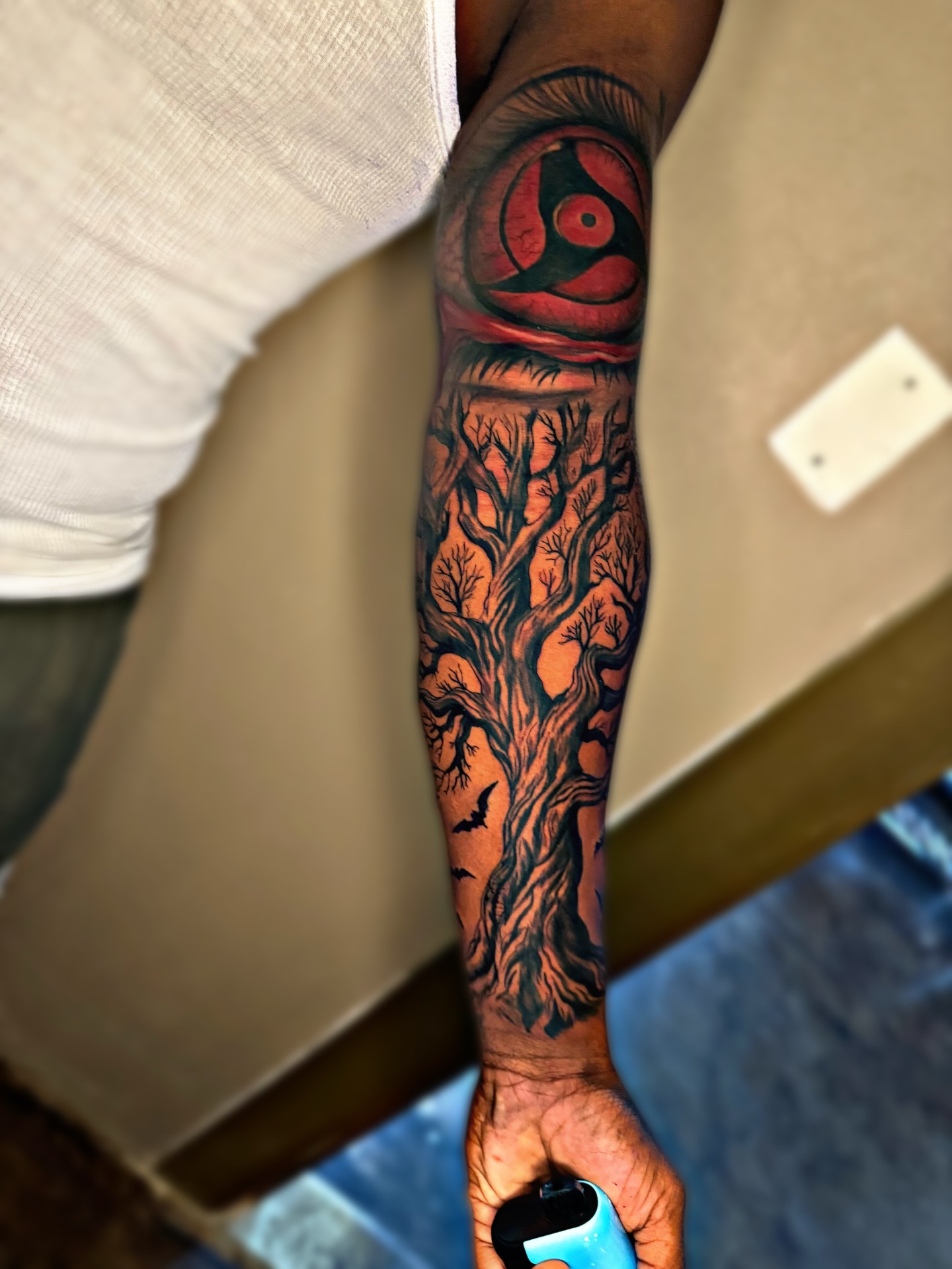 Tree and eye dotwork tattoo on the forearm by Dallas Tattoo Artist📍