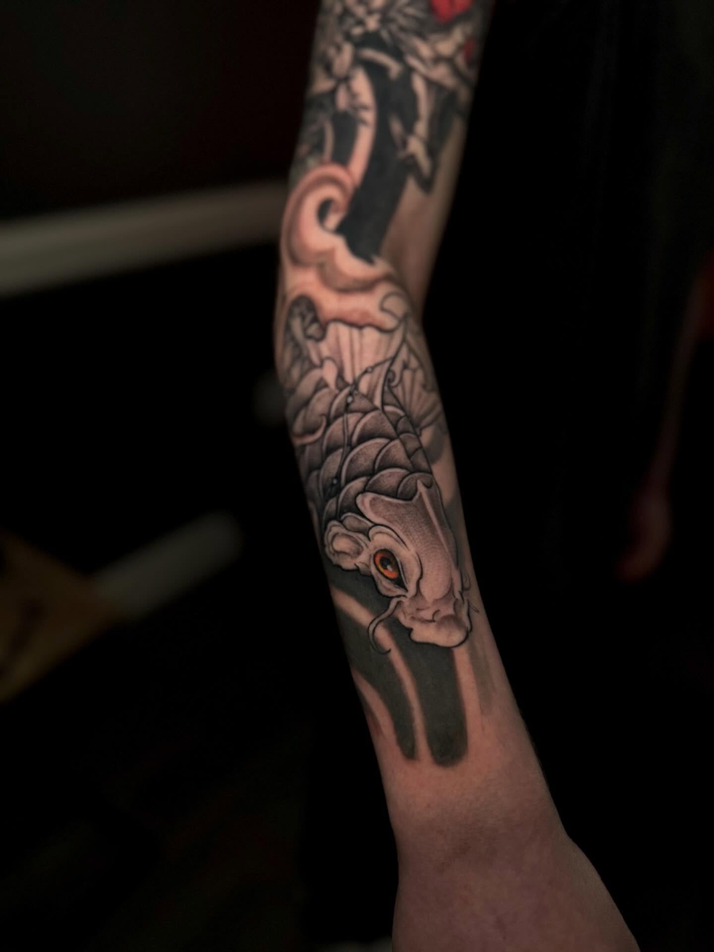Koi fish japanese irezumi tattoo on the forearm by Juan Russo