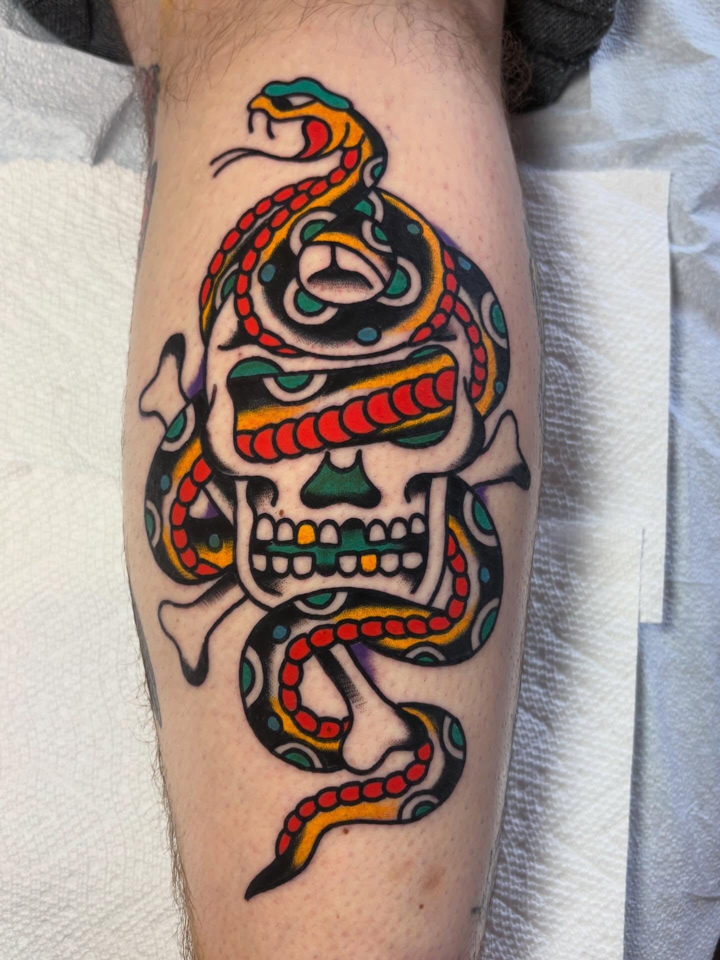 Snake and skull American traditional tattoo on the forearm by Traditional Tattooing