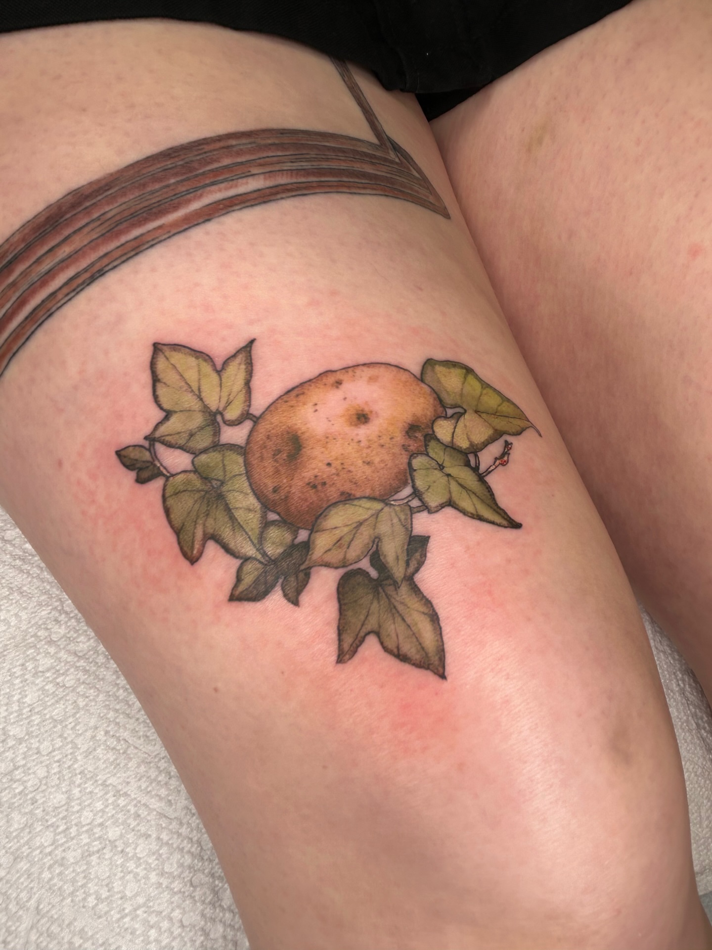 Potato plant realism tattoo on the thigh by Amber Miracle