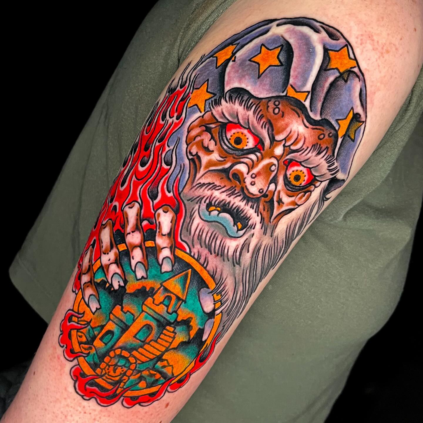 Demon head American traditional tattoo on the forearm by Sky G, Colorado Springs, Colorado