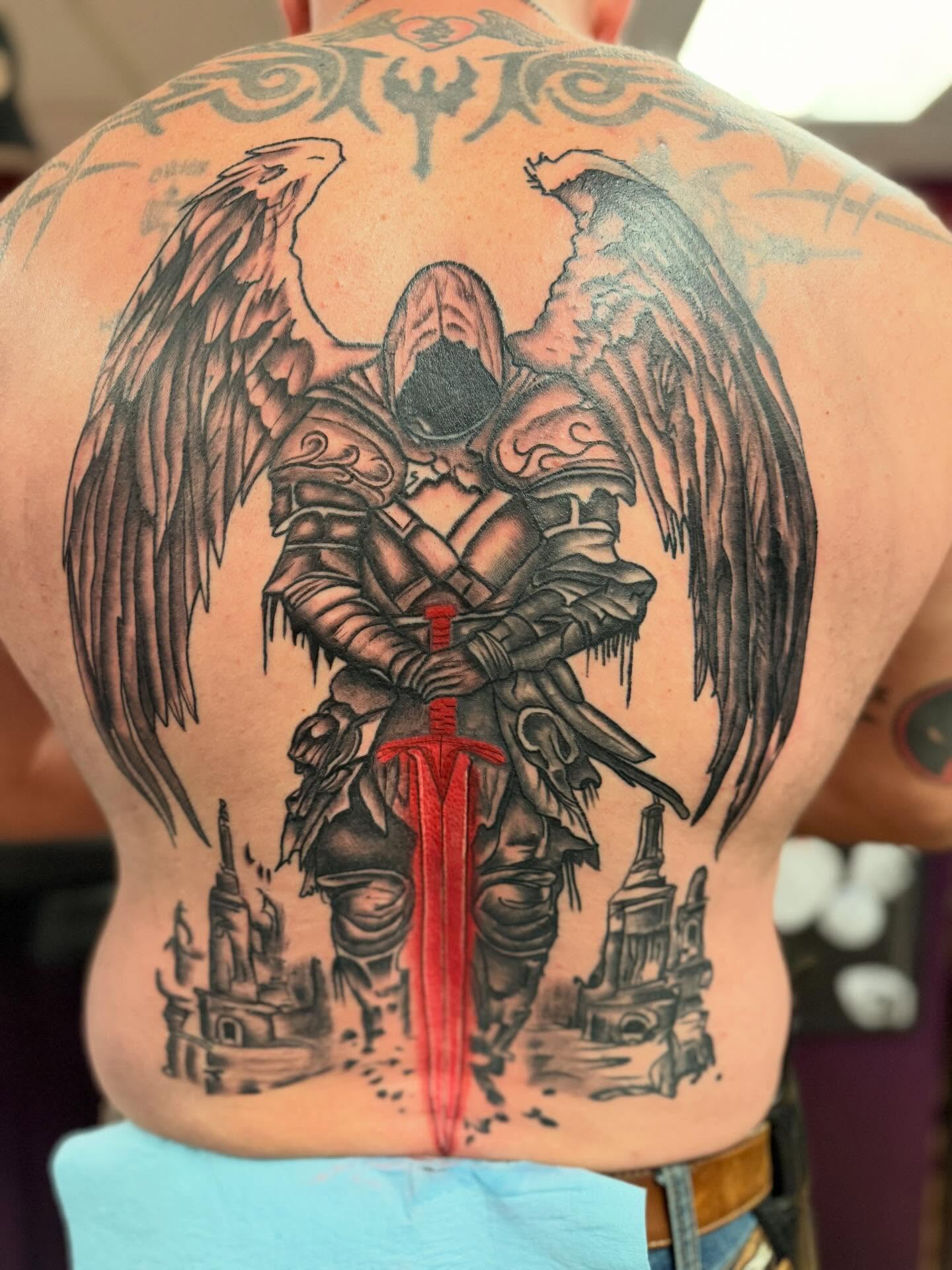 Angelic warrior realism tattoo on the back by Joshua Ware, Alvarado, Texas