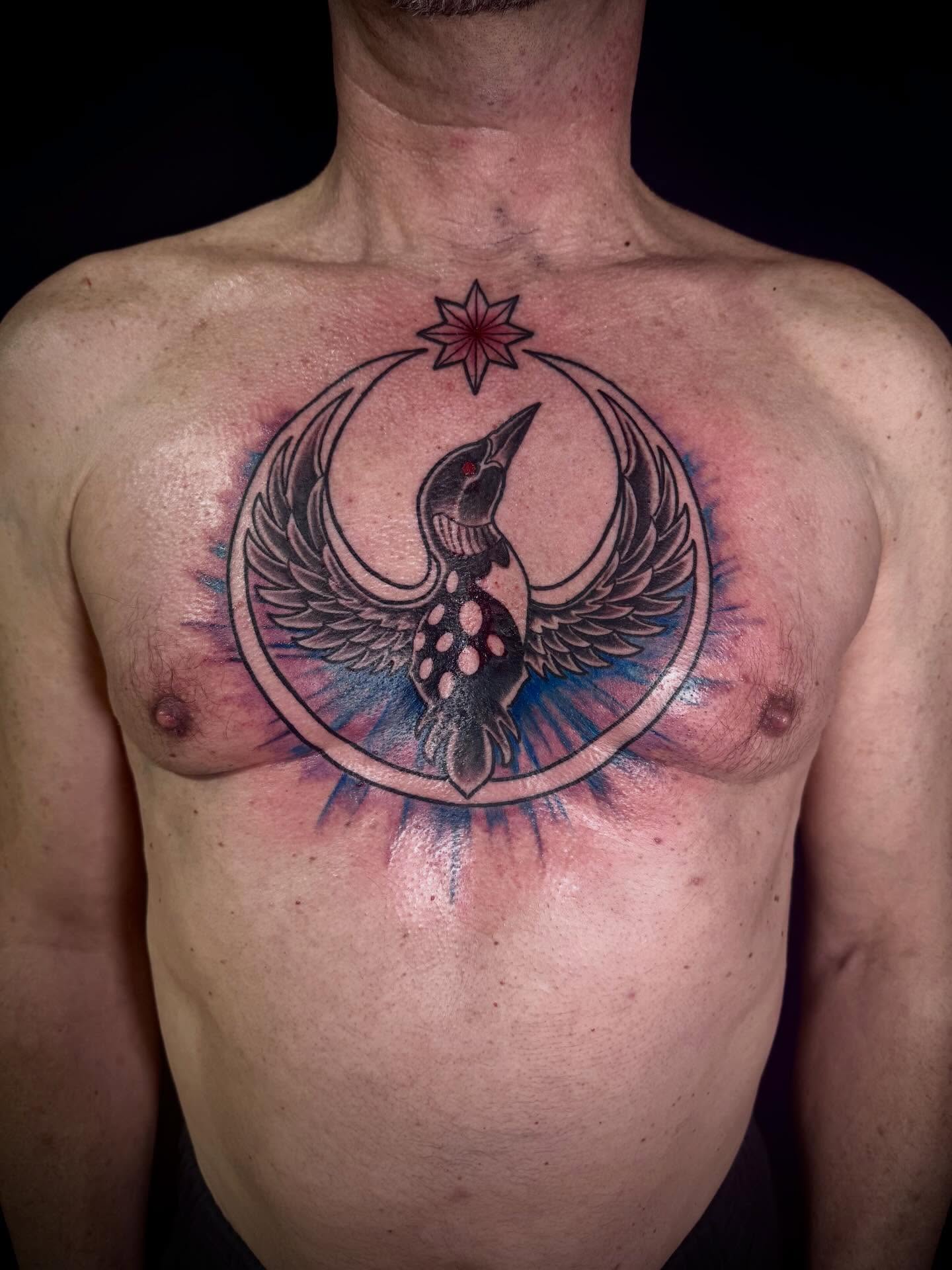 Bird and star dotwork tattoo on the chest by 🏵