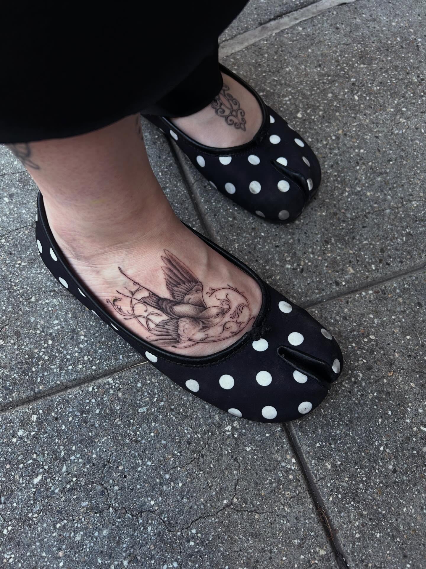 Bird black and grey tattoo on the foot by ✭ Elisa ✭