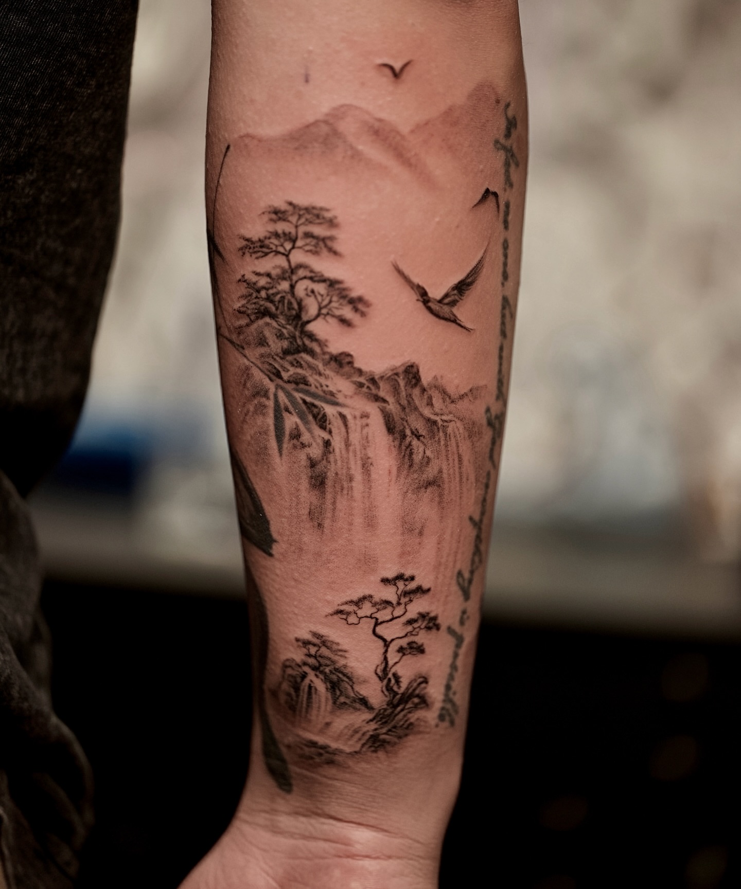 Mountain landscape realism tattoo on the forearm by Damon_modoink