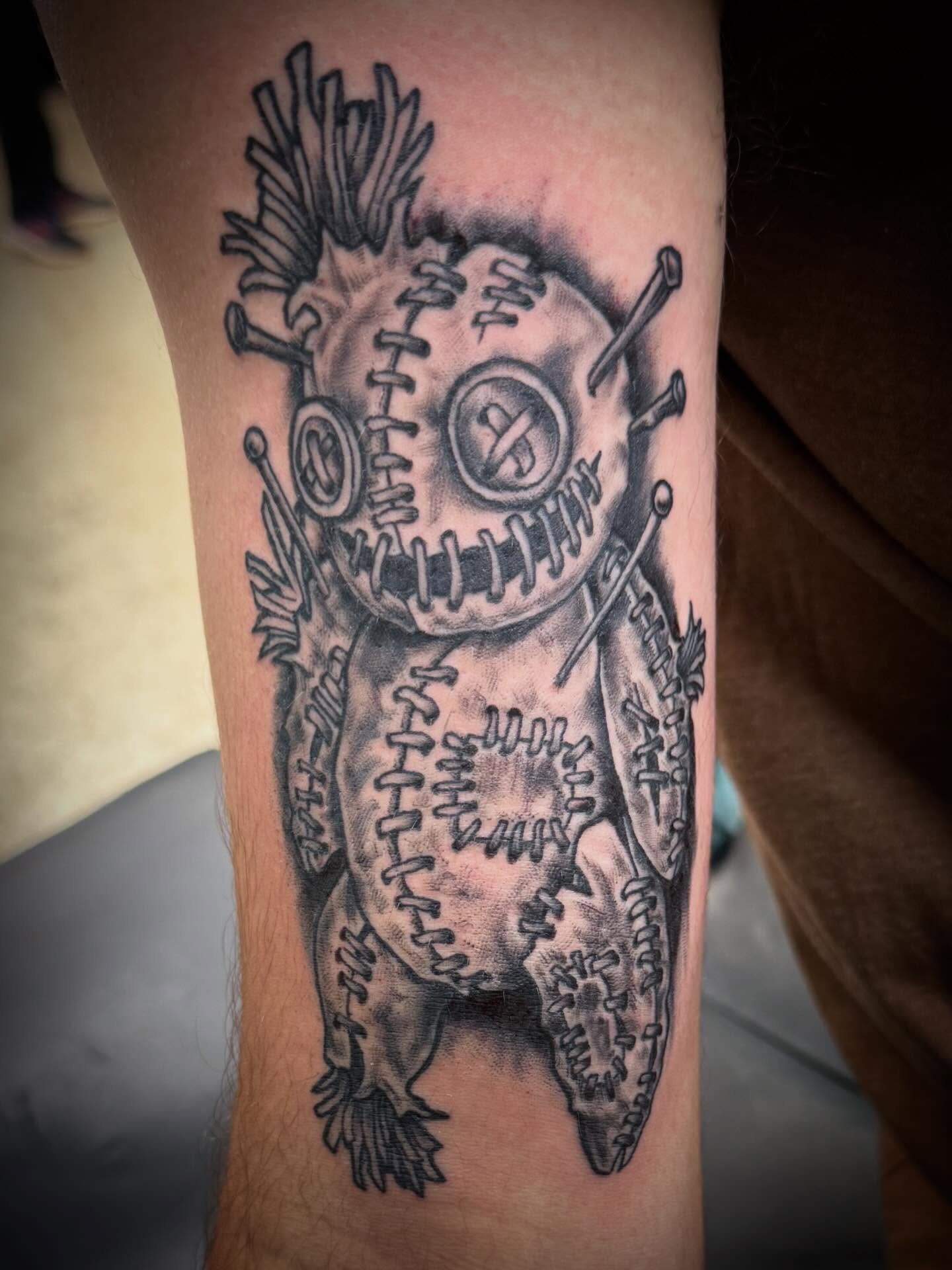Baseball black and grey tattoo on the forearm by Richard Nagy, New Orleans, Louisiana