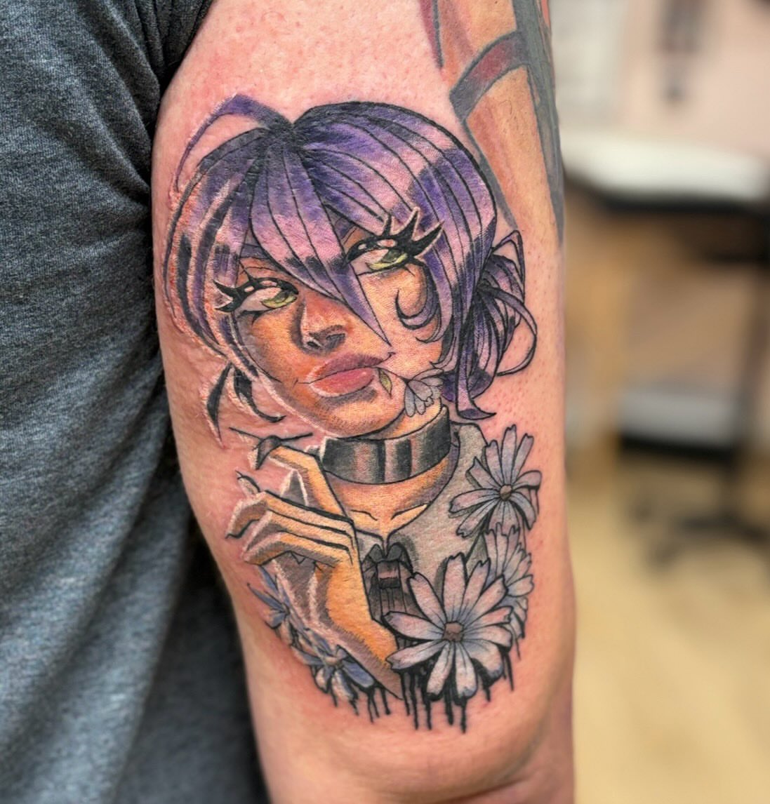 Anime character anime tattoo on the forearm by Gabby