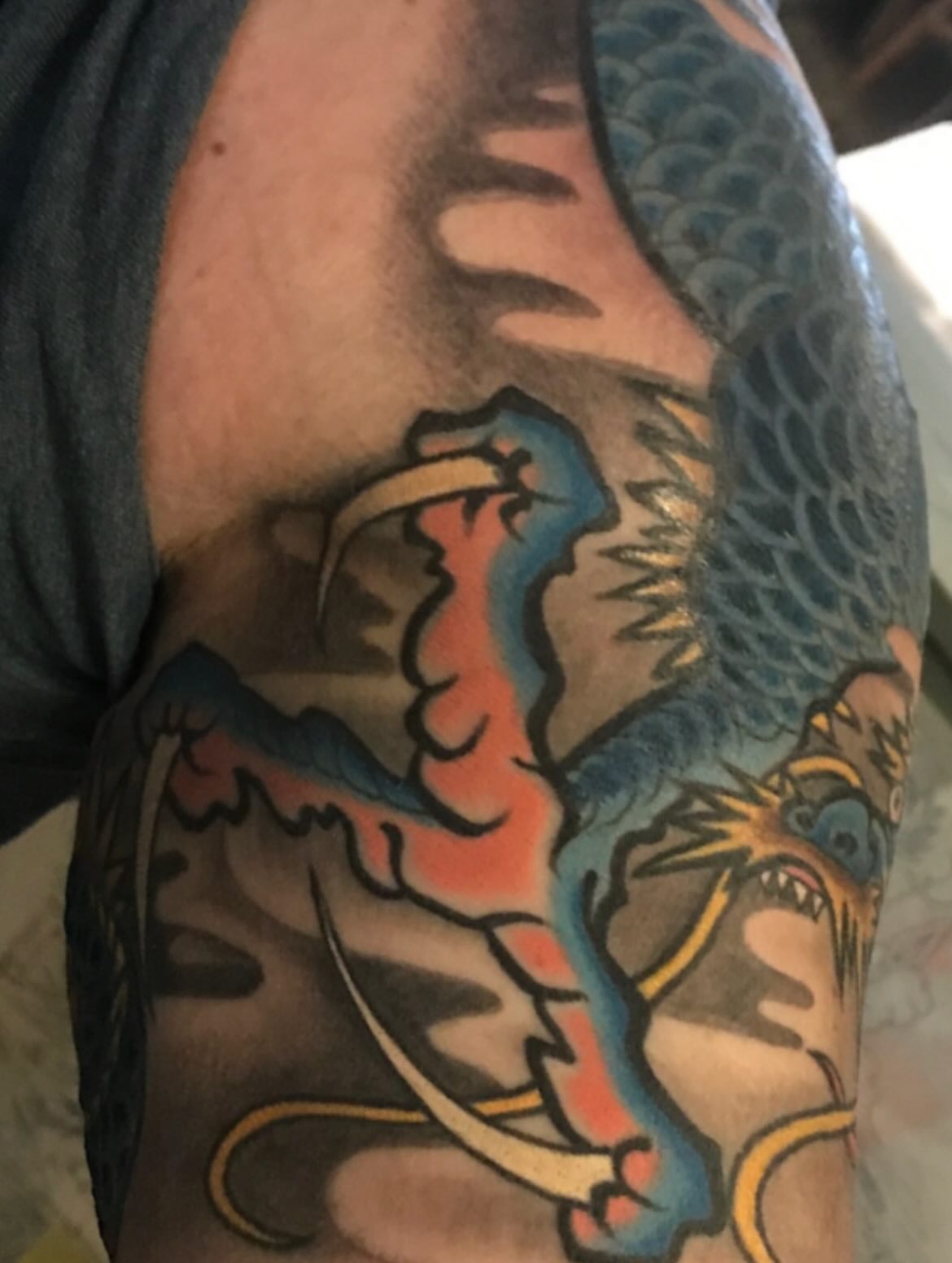 Dragon American traditional tattoo on the forearm by Miles Maniaci, Chicago, Illinois