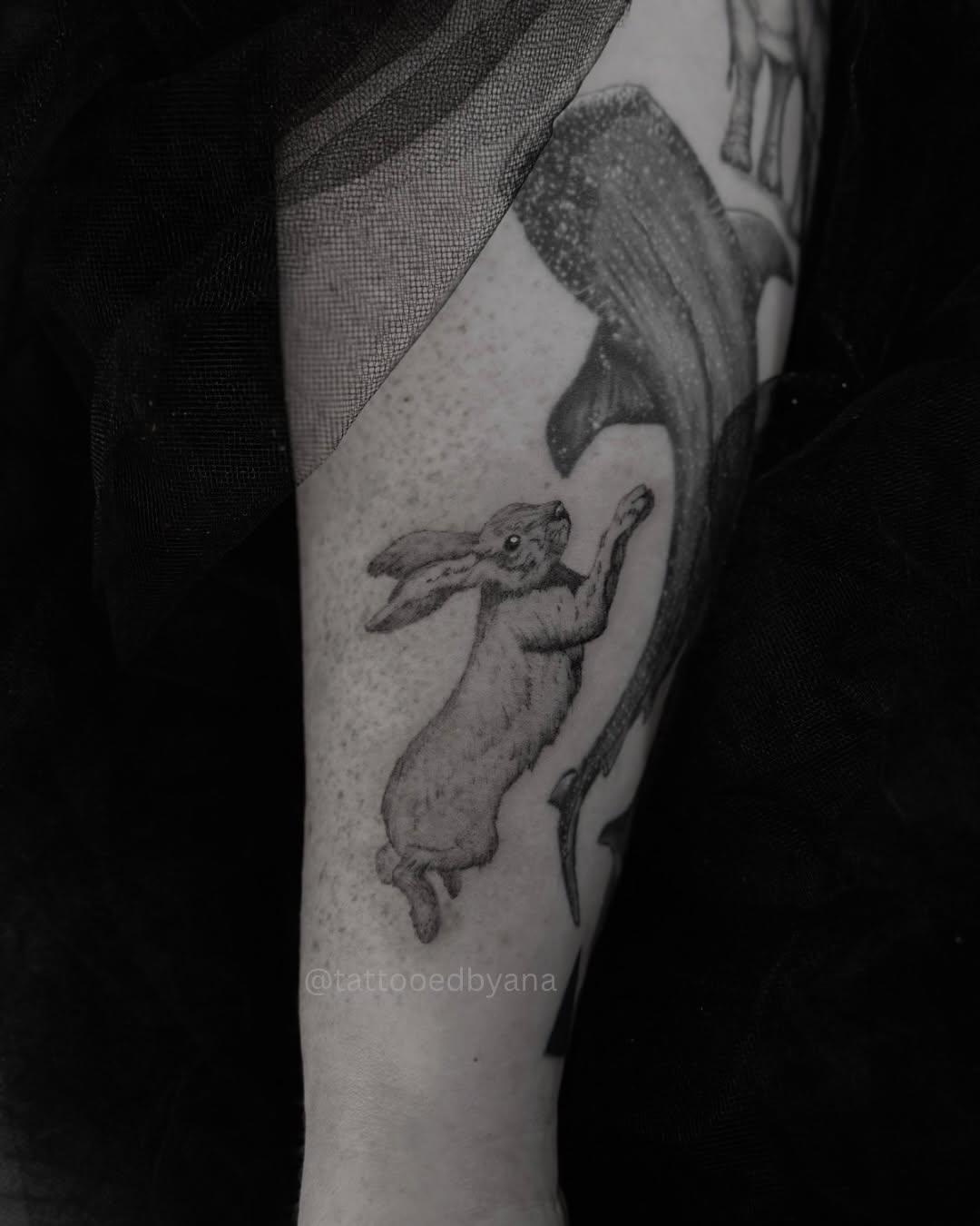 Rabbit dotwork tattoo on the forearm by Tattoo artist Denver