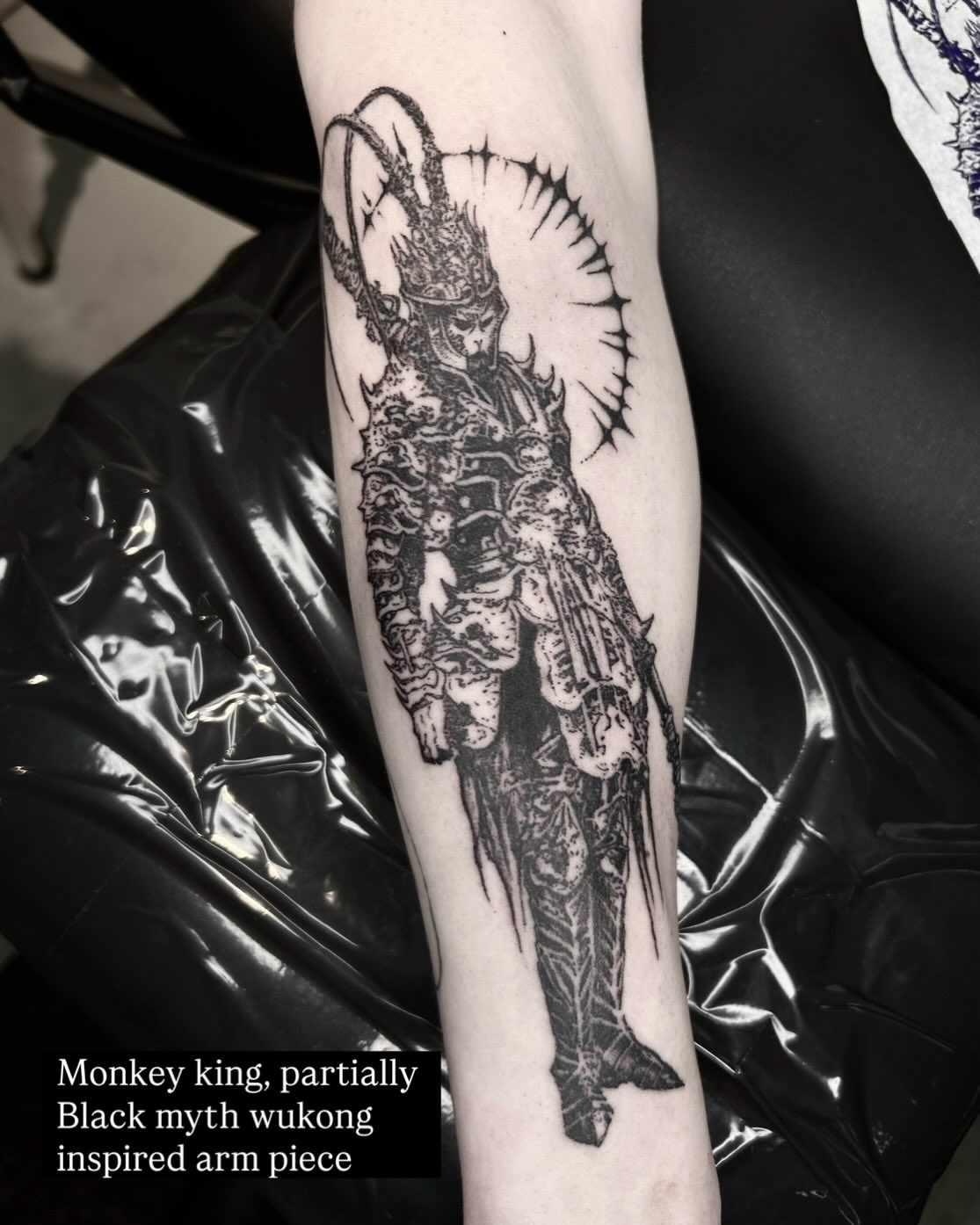 Monkey king black and grey tattoo on the forearm by ๐๐ฆ๐ฐ๐ฆ๐