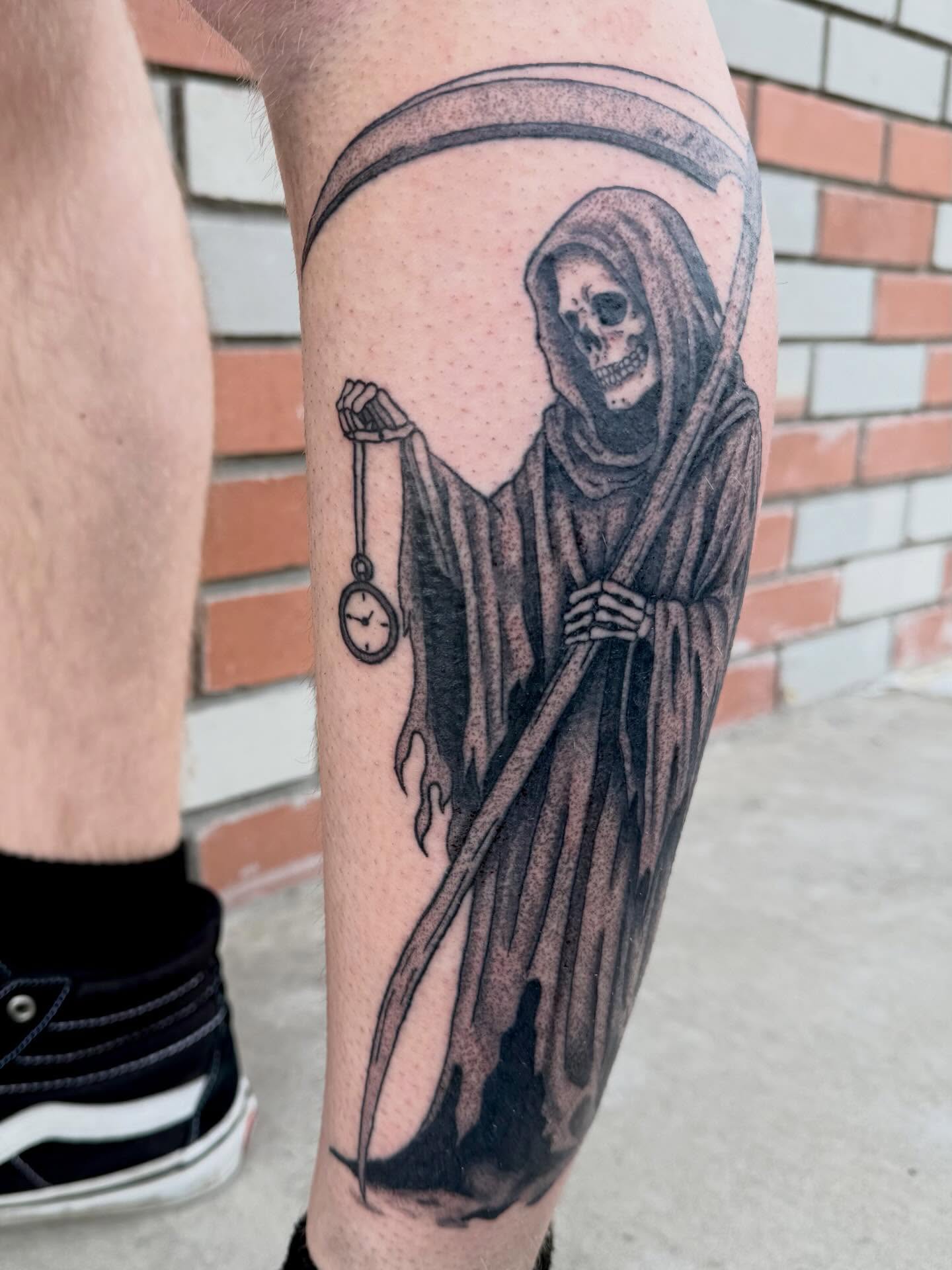 Grim reaper realism tattoo on the forearm by Elena