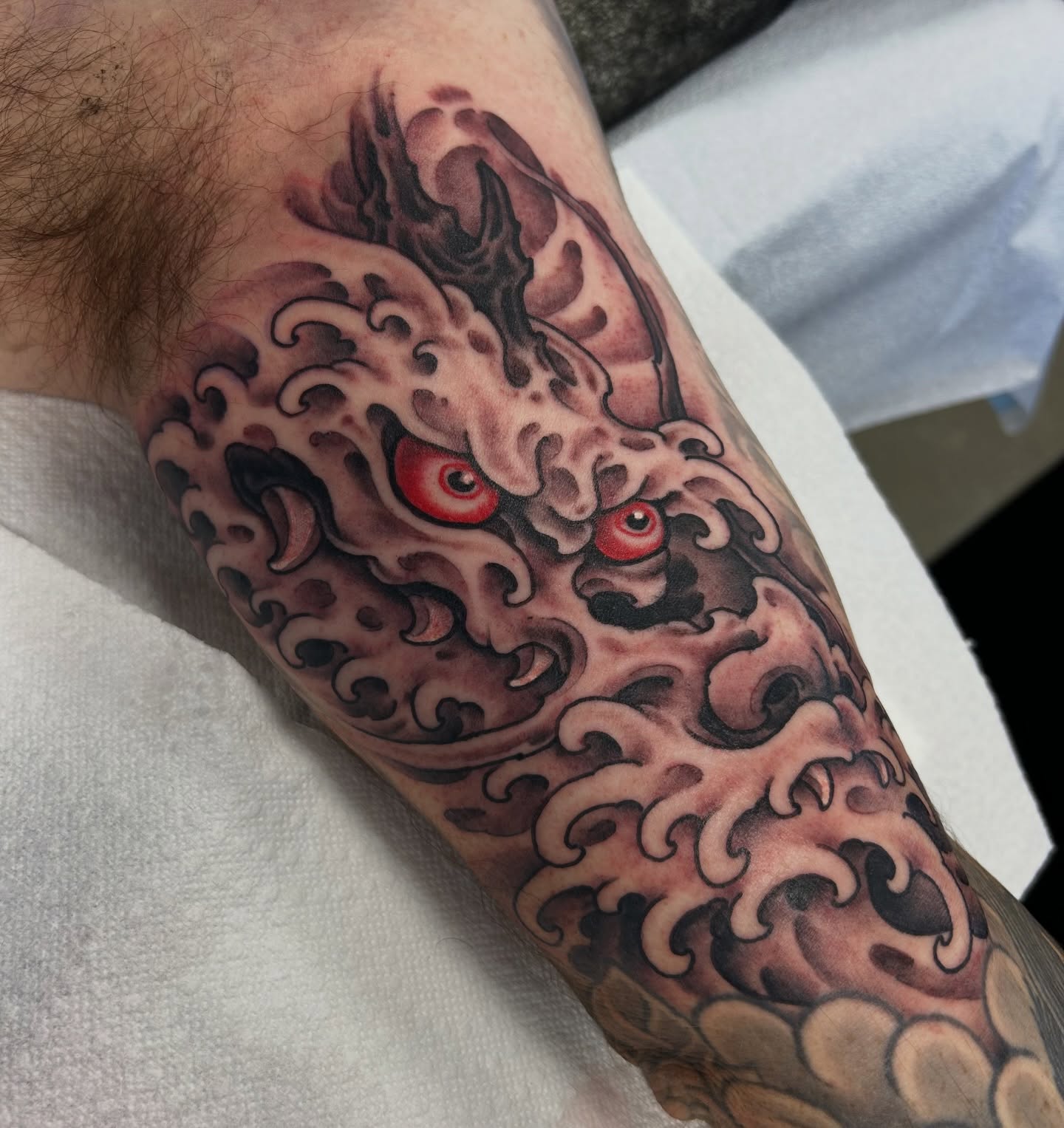Demon japanese irezumi tattoo on the forearm by Justin Weatherholtz, New York, New York