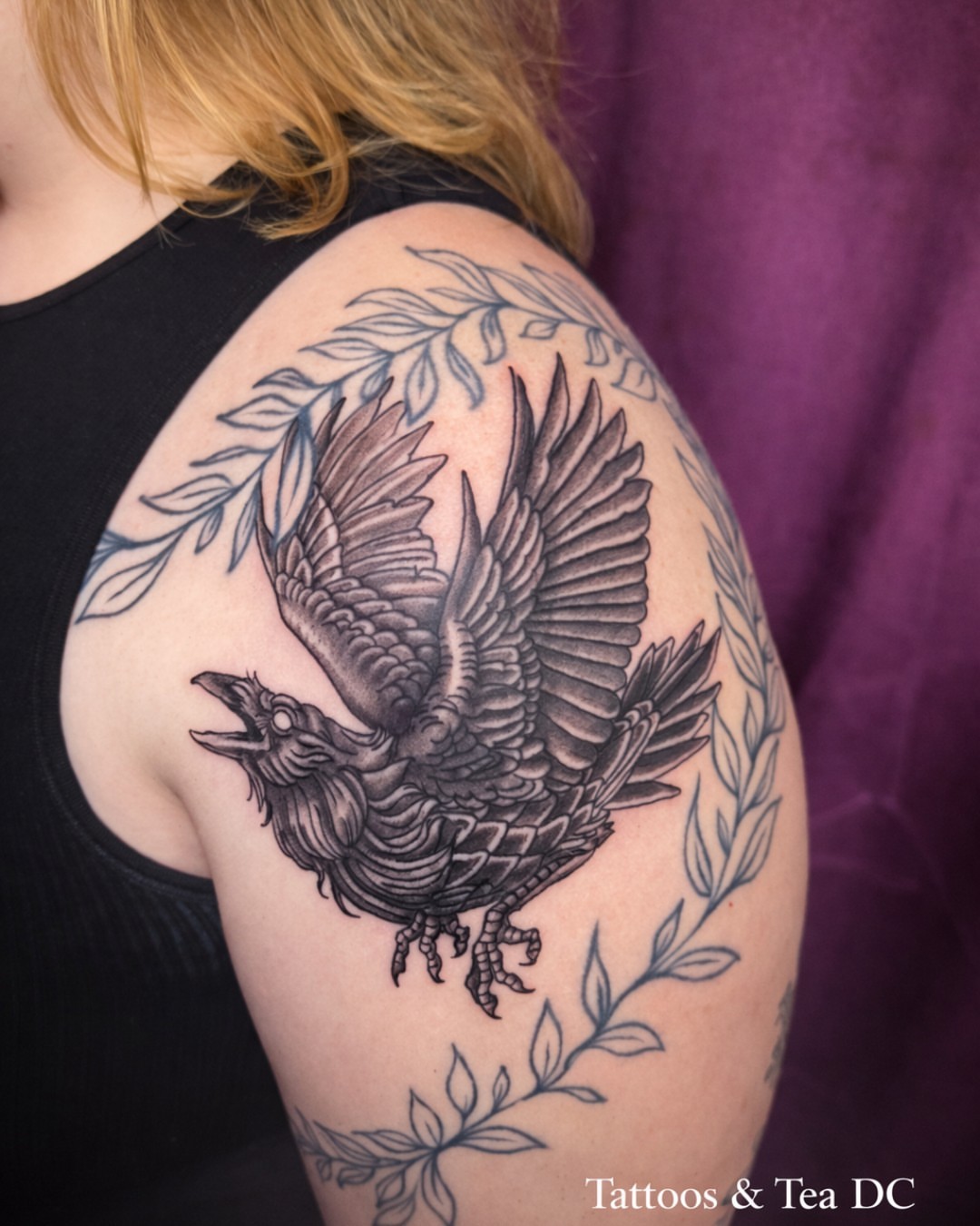 Crow realism tattoo on the shoulder by Tattoos & Tea DC, Arlington, Virginia