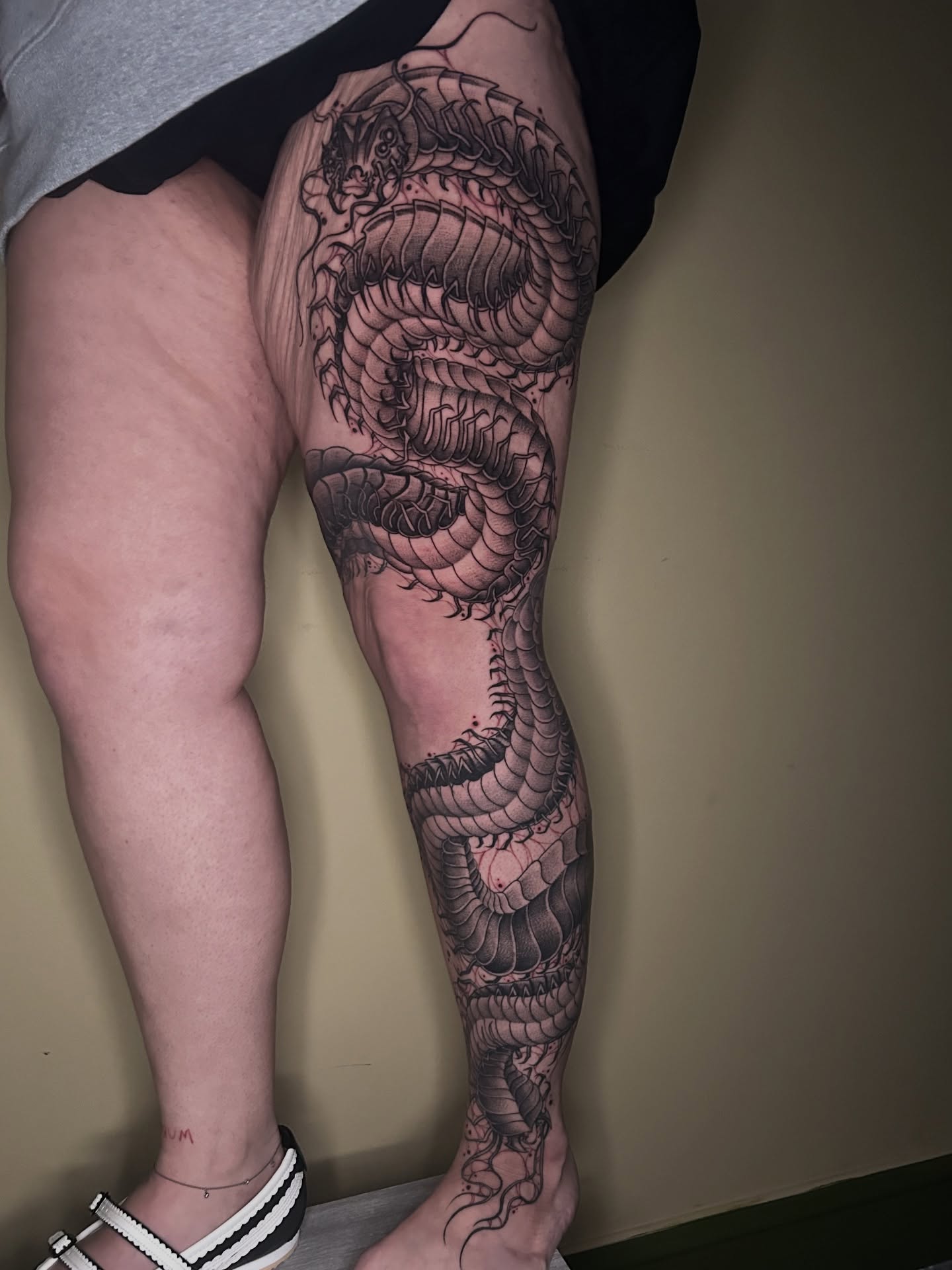 Dragon realism tattoo on the leg by Cassy D, Miami, Florida