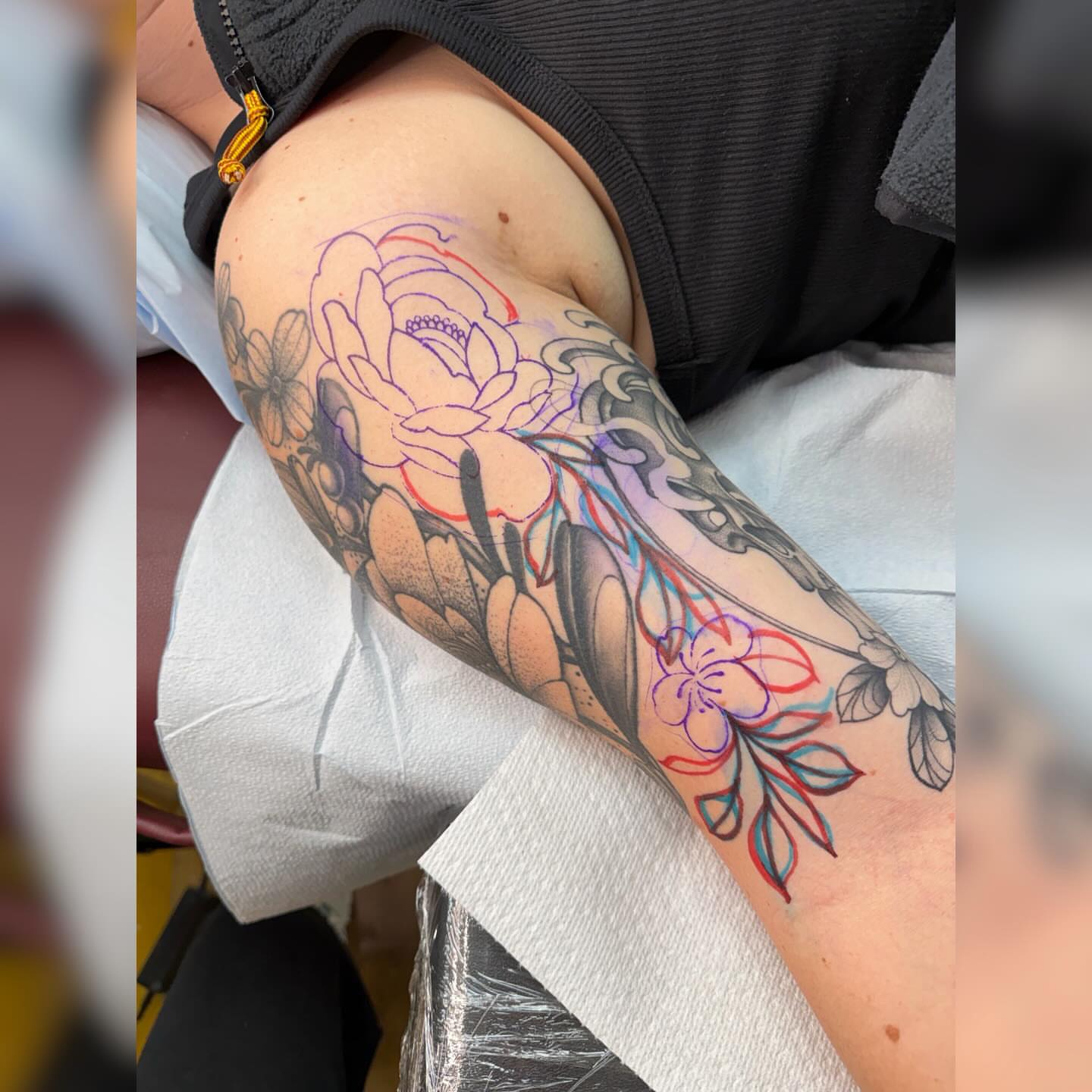 Floral arrangement dotwork tattoo on the forearm by Alyssa Deeghan