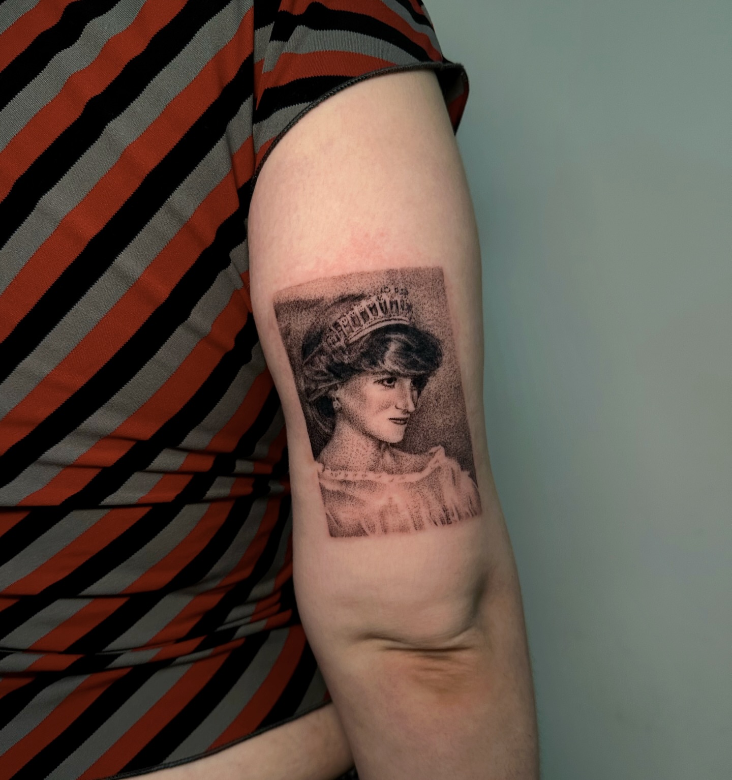 Portrait of woman dotwork tattoo on the forearm by kale