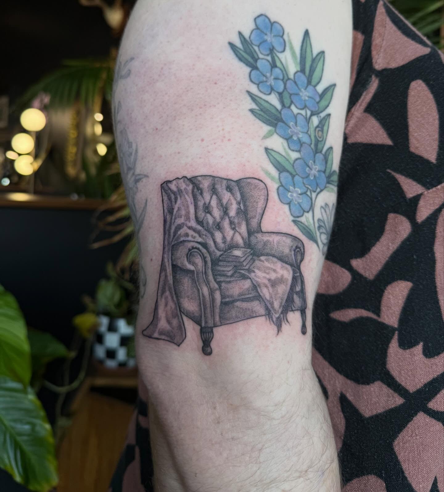 Armchair and flowers black and grey tattoo on the forearm by Cort Prescott 🕸 OKC Tattoo Artist, Oklahoma City, Oklahoma