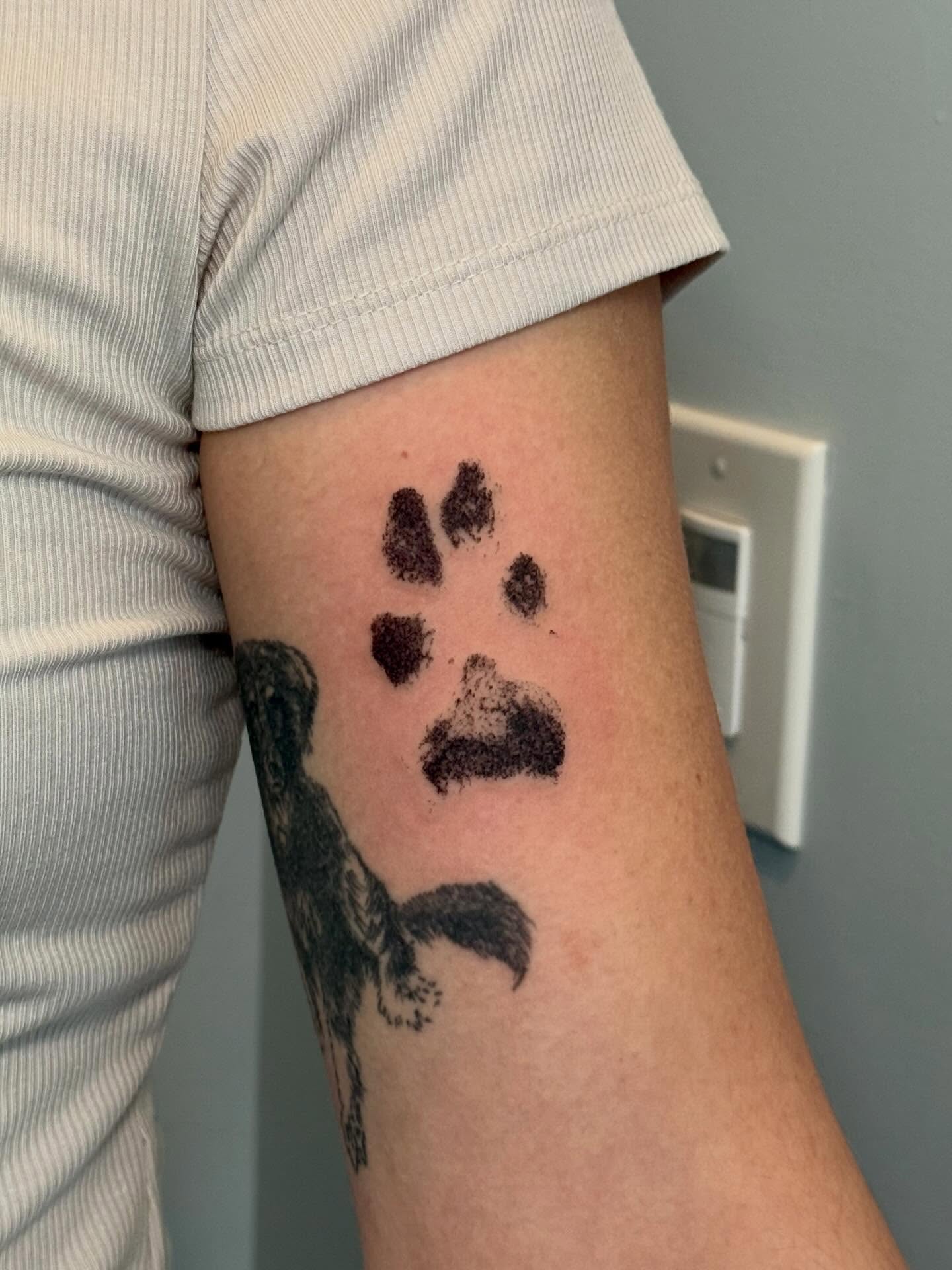 Paw print dotwork tattoo on the forearm by Ana Blatt