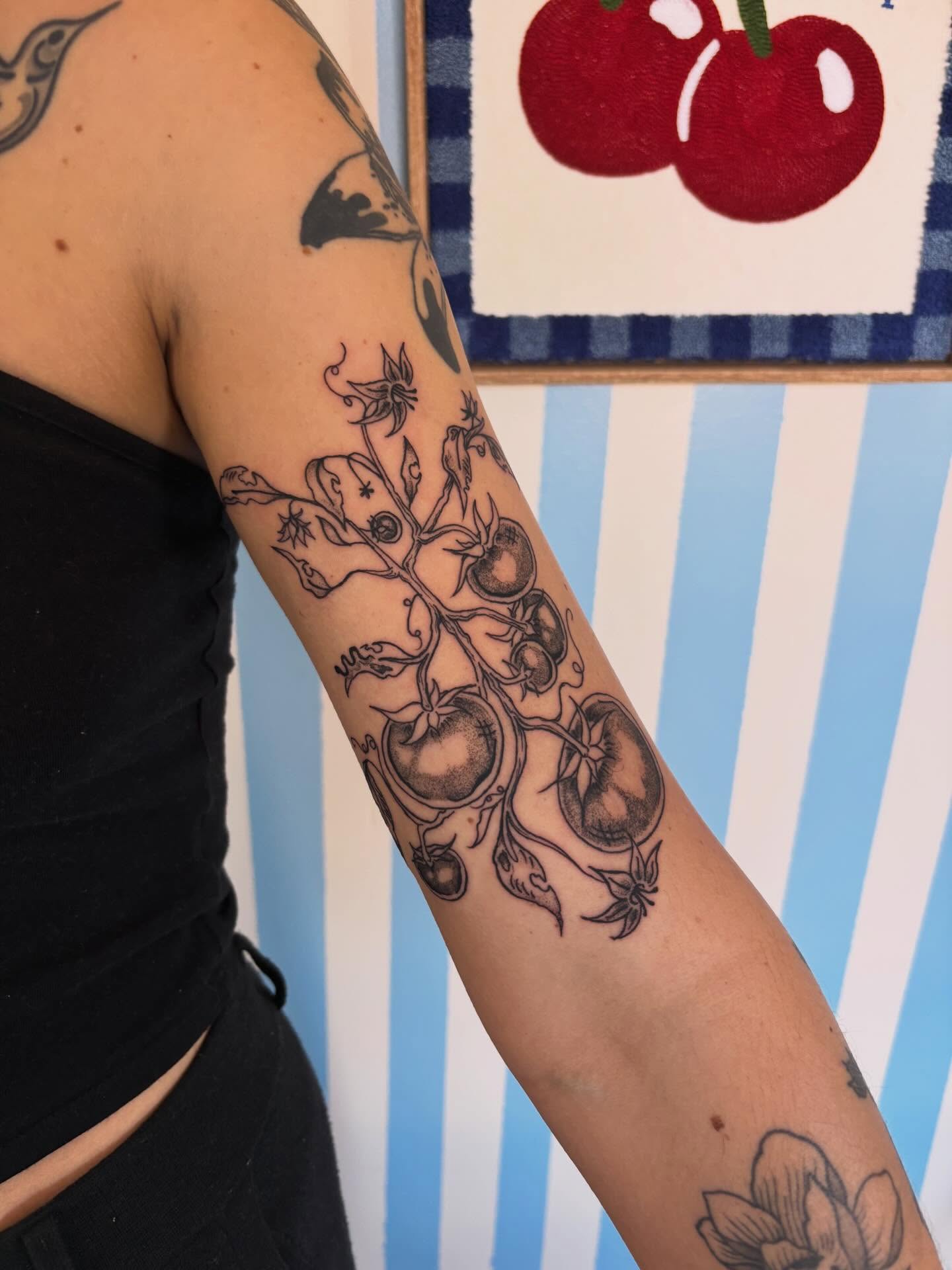 Tomato plant black and grey tattoo on the forearm by Ashley Ellerman