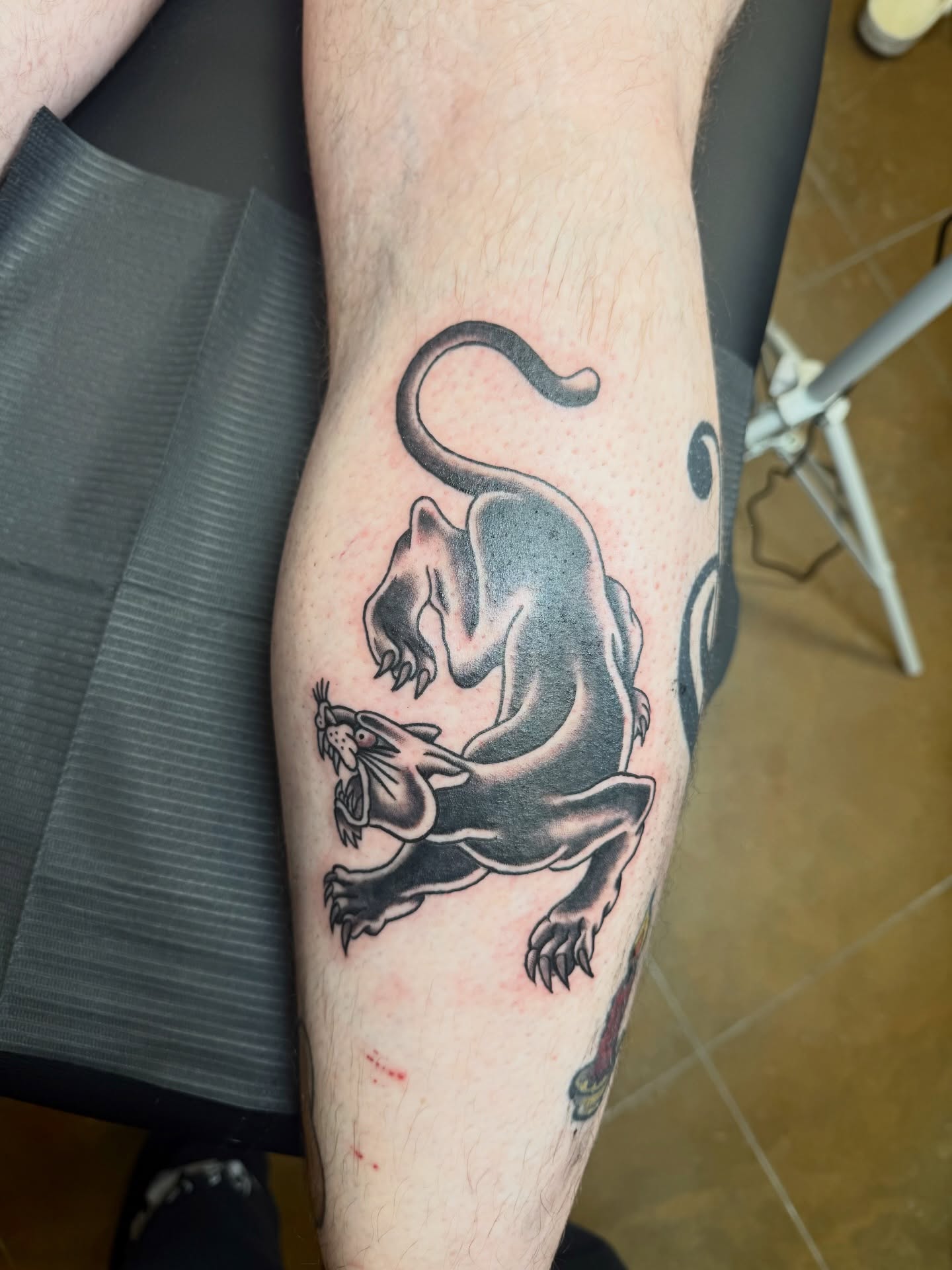Panther black and grey tattoo on the forearm by Shay - Mandeville Tattoo Artist