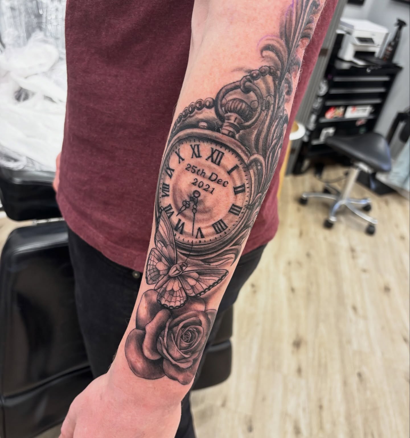 Clock and butterfly realism tattoo on the forearm by Ruth Ormsby-Ashworth