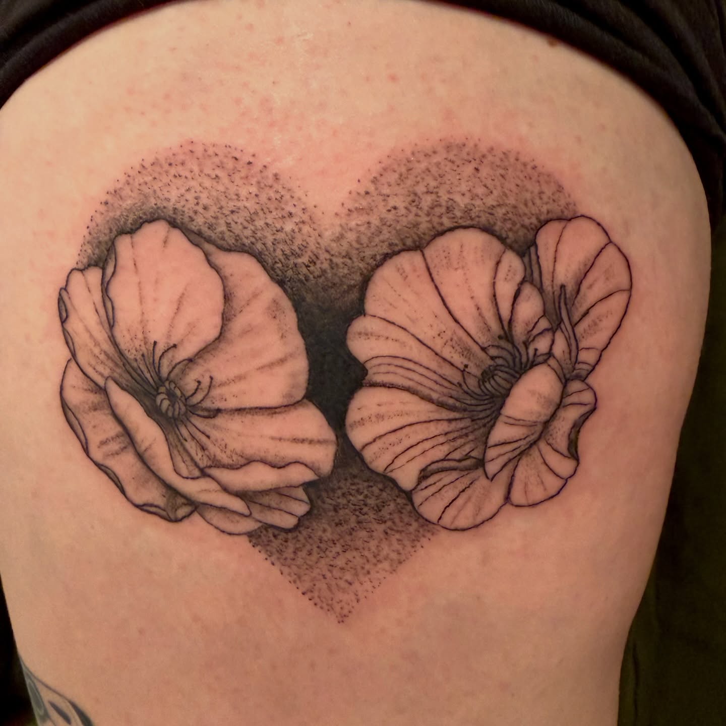Flowers dotwork tattoo on the shoulder by Emily, Monticello, Iowa