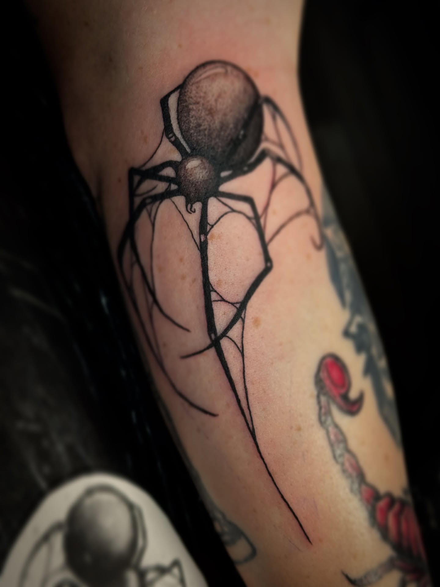 Spider black and grey tattoo on the forearm by Gianna G
