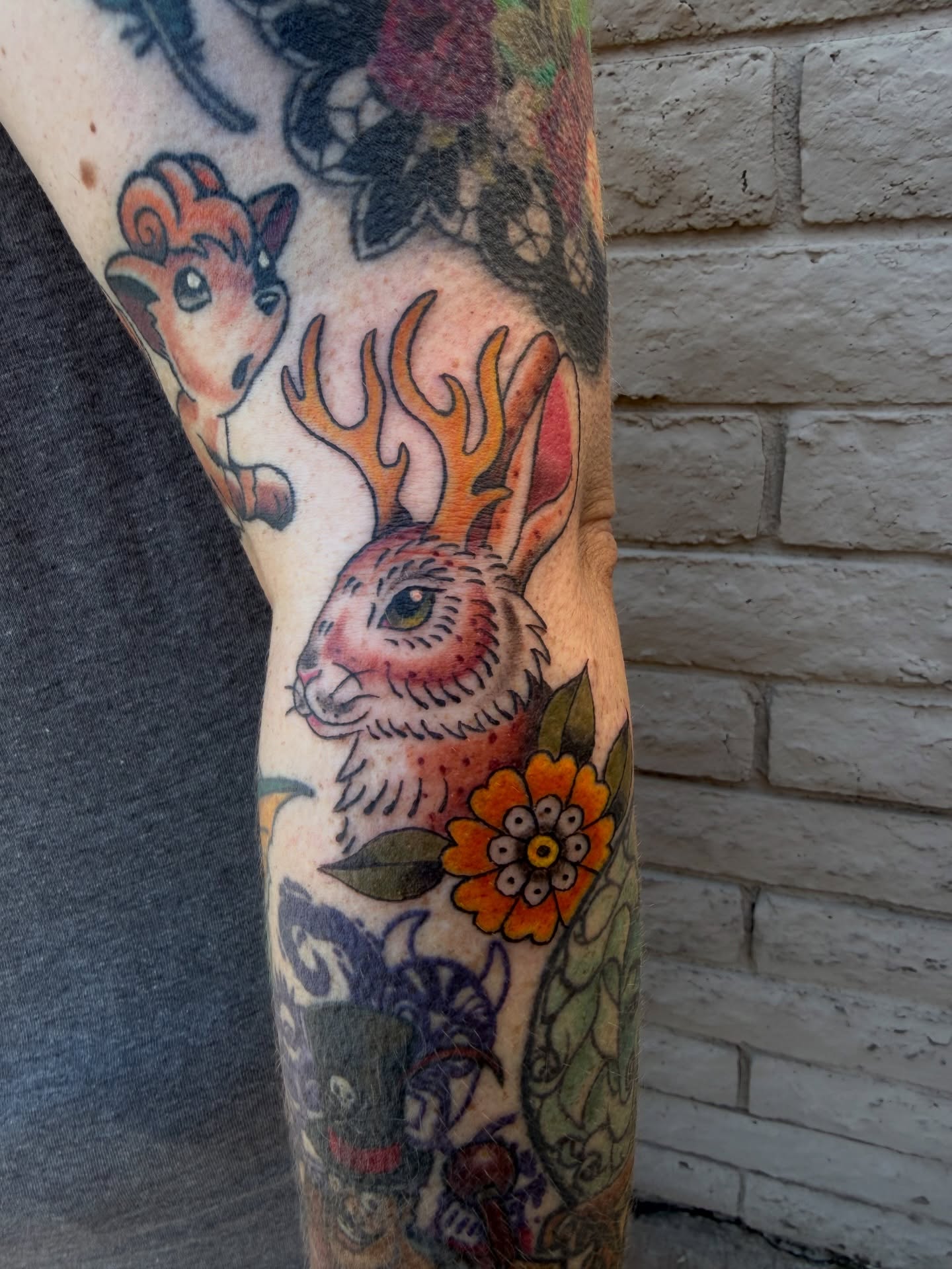 Rabbit with antlers American traditional tattoo on the forearm by Kayla Jackson, Phoenix, Arizona