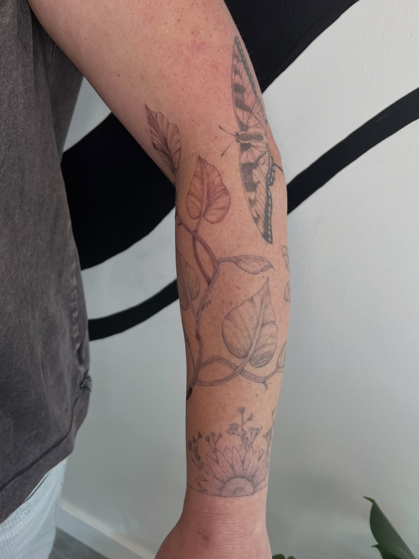 Butterfly and leaves black and grey tattoo on the forearm by ✿ 𝐉𝐮𝐝𝐢 ✿ 𝐒𝐋𝐂, 𝐔𝐓 𝐅𝐢𝐧𝐞 𝐋𝐢𝐧𝐞 𝐓𝐚𝐭𝐭𝐨𝐨𝐬