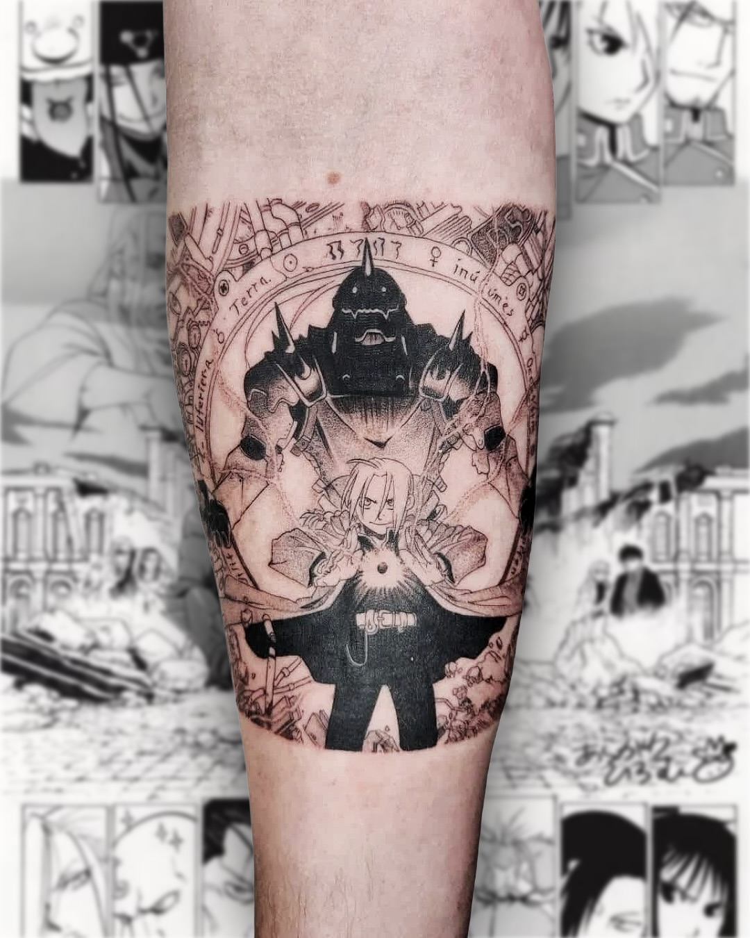 Full-body anime character anime tattoo on the forearm by Charlie Woodman