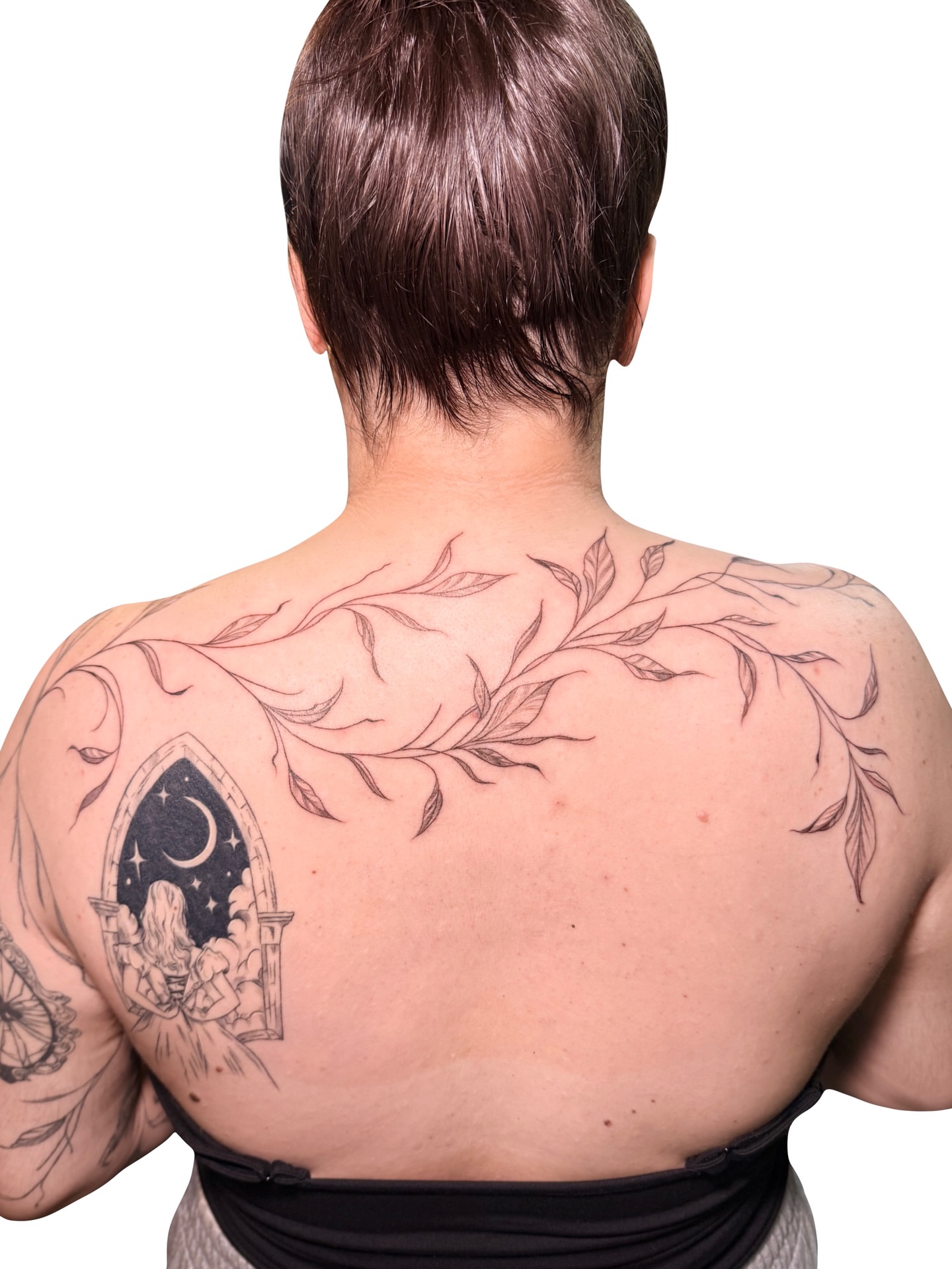 Night sky with crescent moon black and grey tattoo on the back by Fionna, Seattle, Washington
