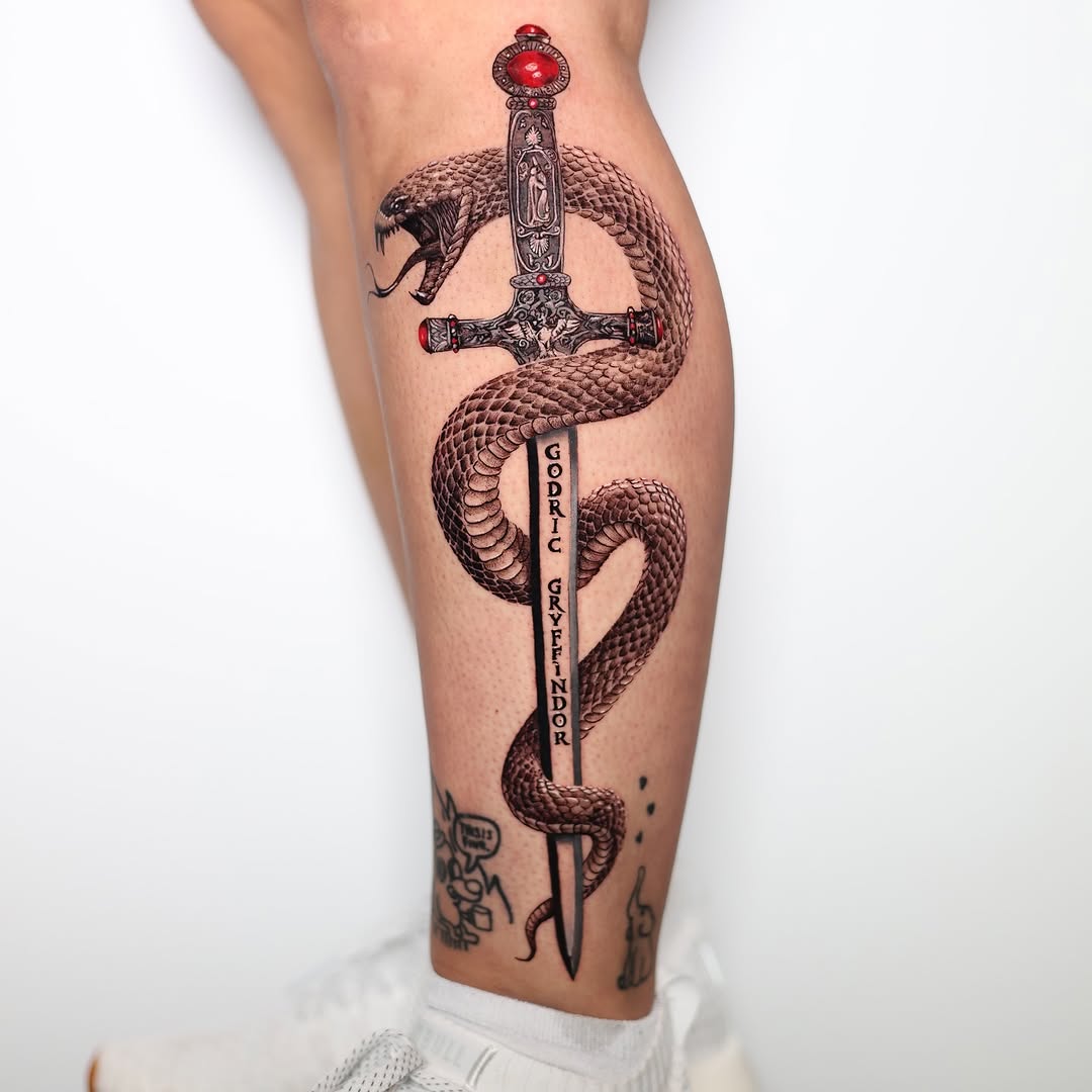 Snake wrapped around a sword American traditional tattoo on the calf by Ksu Storm, San Francisco, California