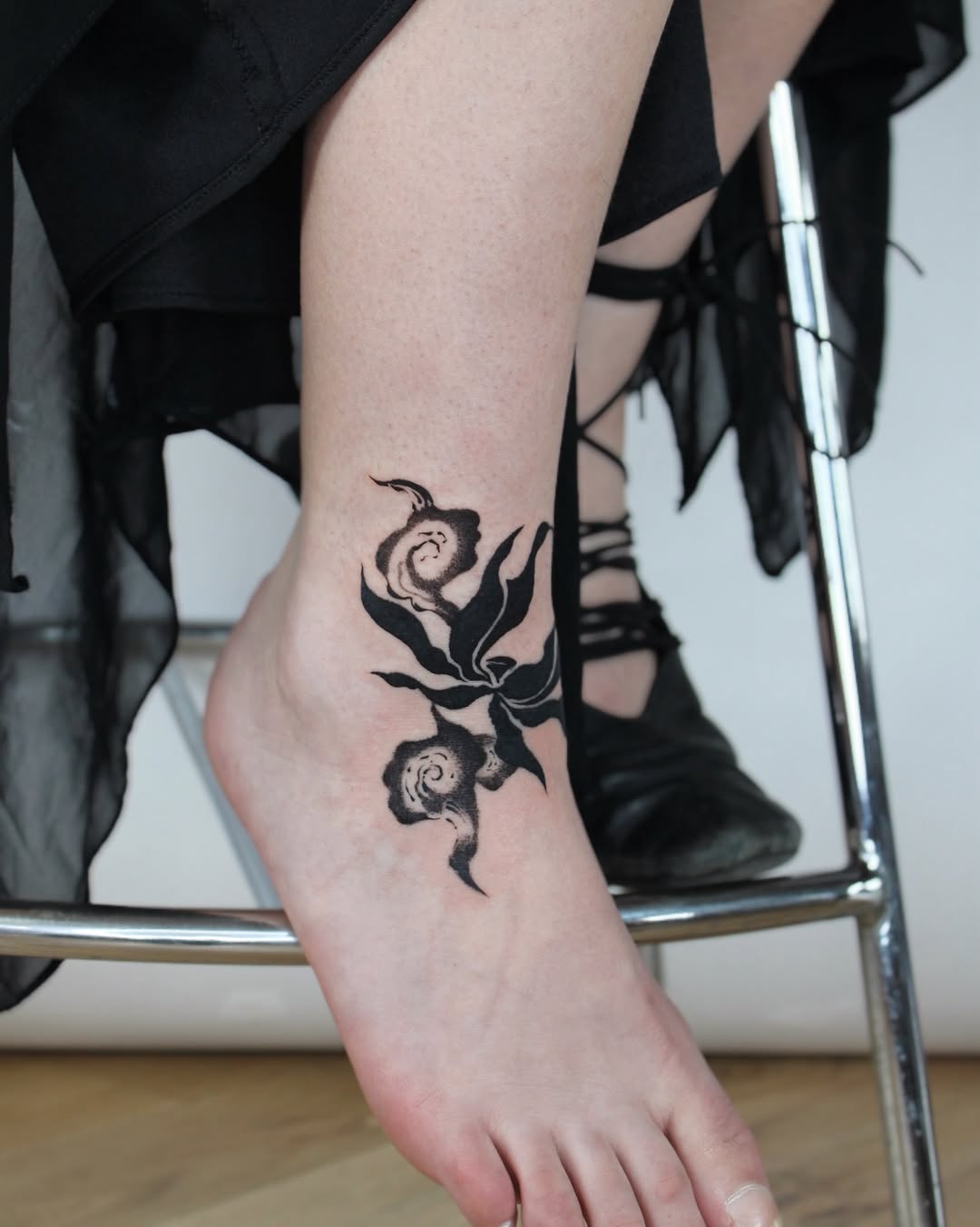 Flower and smoke cyber sigilism tattoo on the foot by Piao