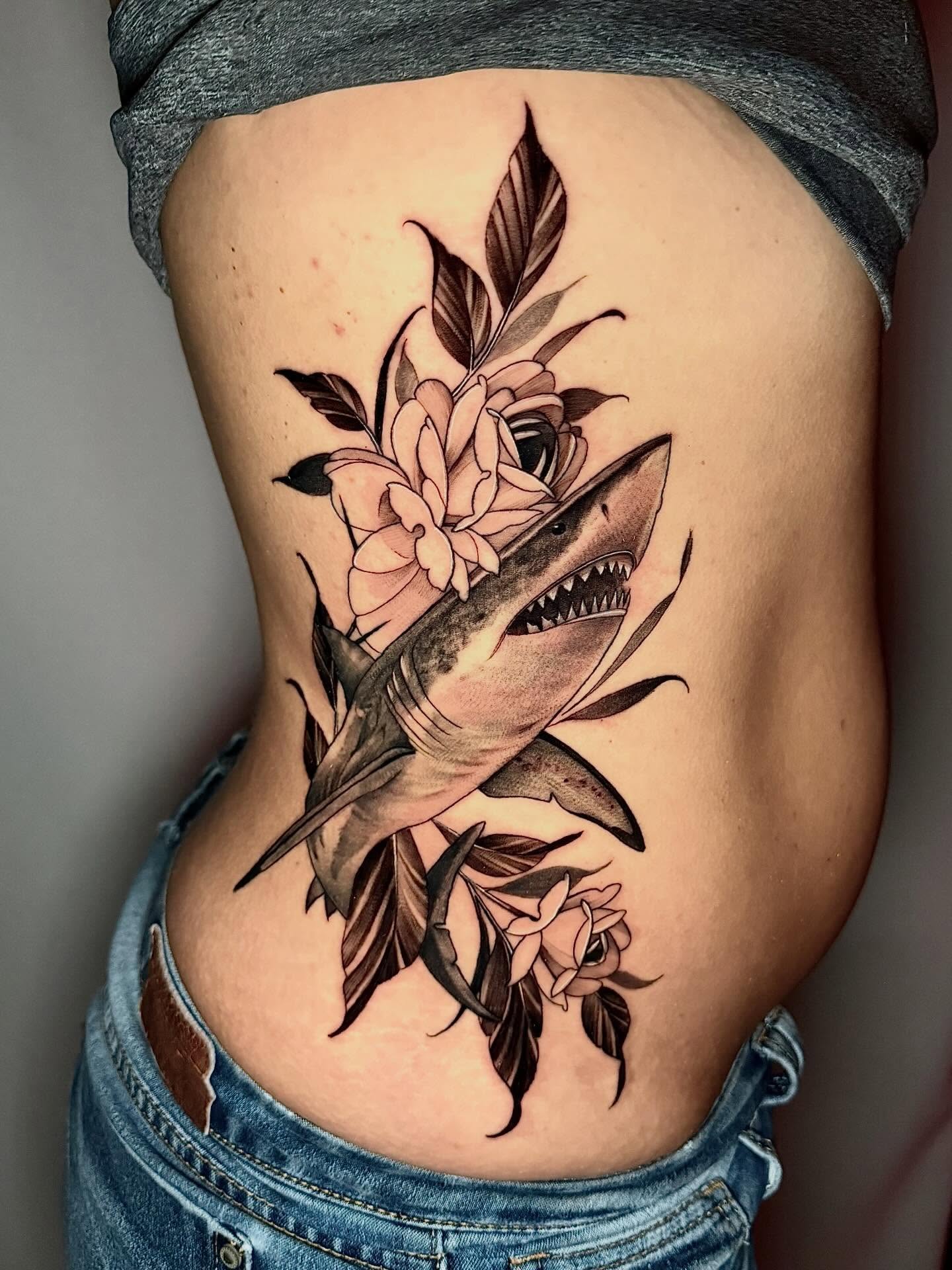 Shark and flowers realism tattoo on the ribs by Joi Bailey, Denton, Texas
