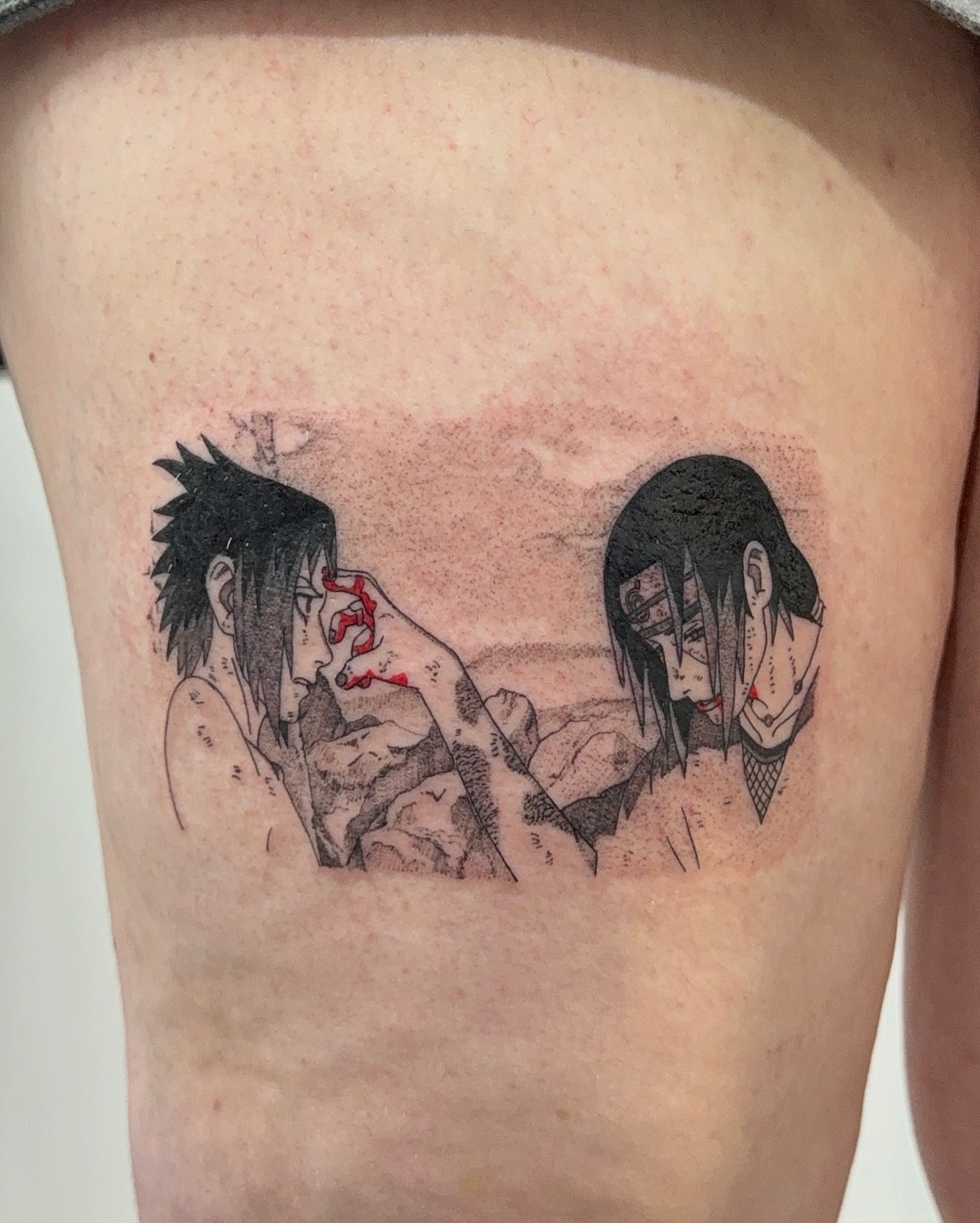Anime characters dotwork tattoo on the thigh by ꧁༒