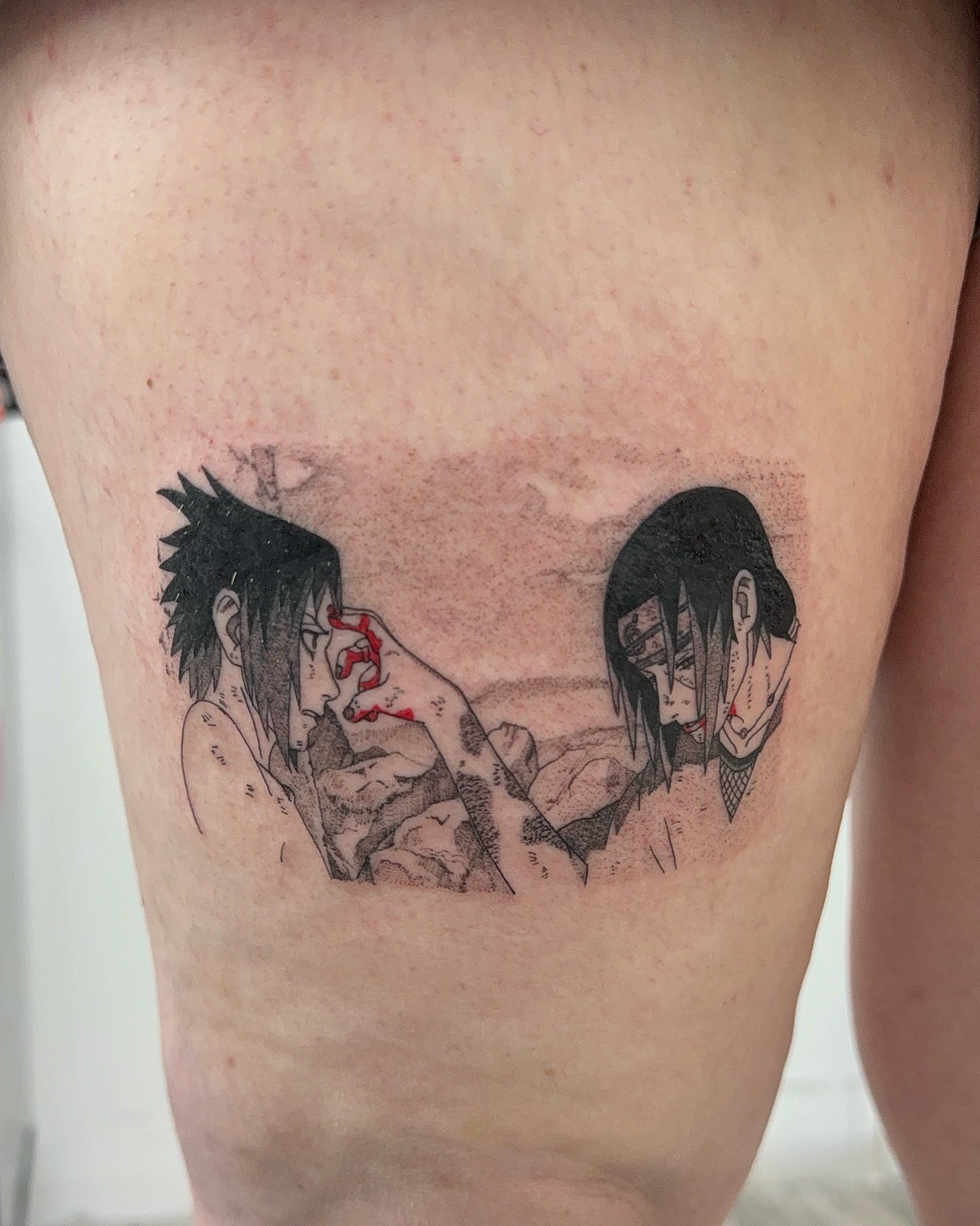 Anime couple anime tattoo on the thigh by ꧁༒