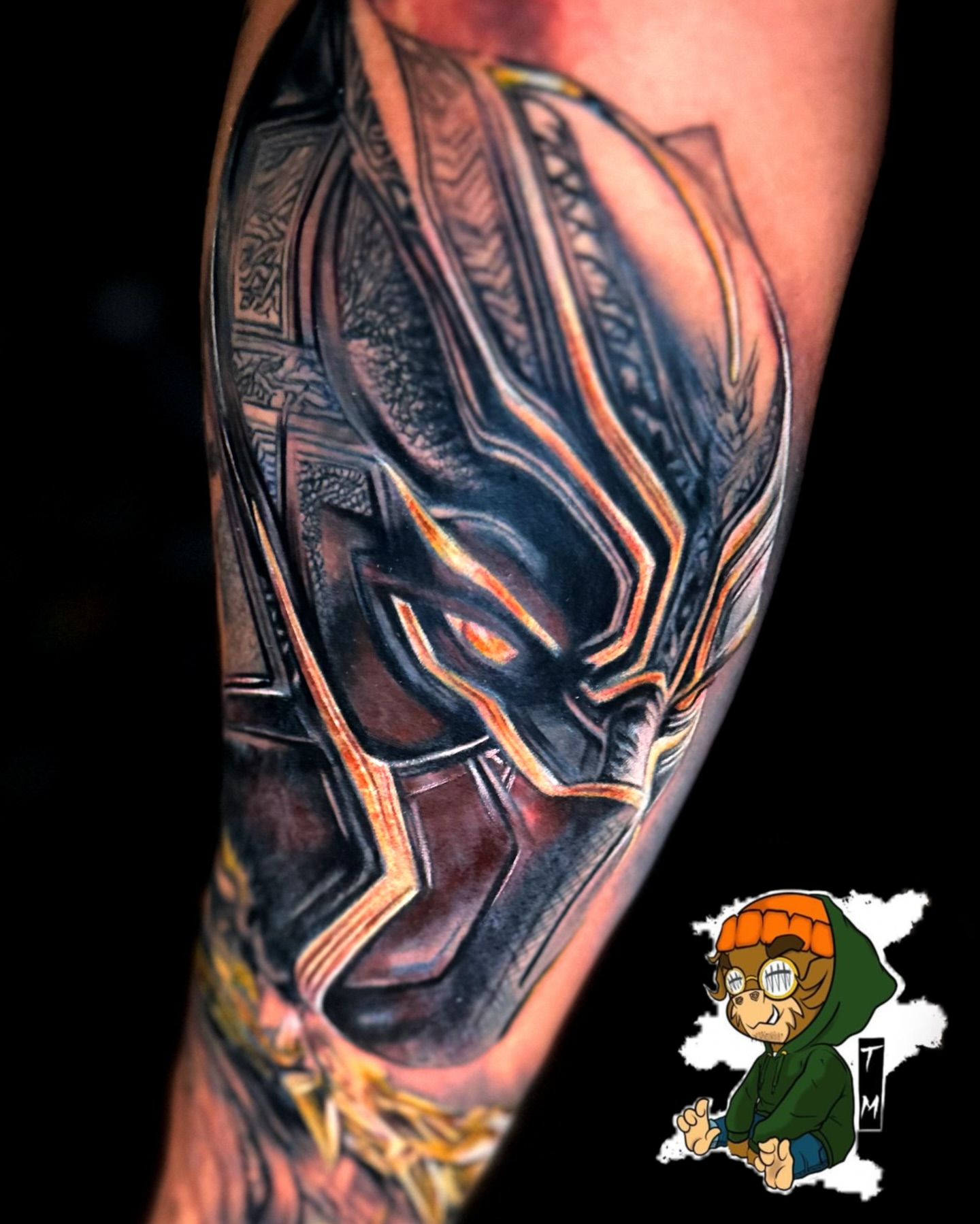 Black Panther mask realism tattoo on the forearm by Davone Joyner, Richmond, Virginia