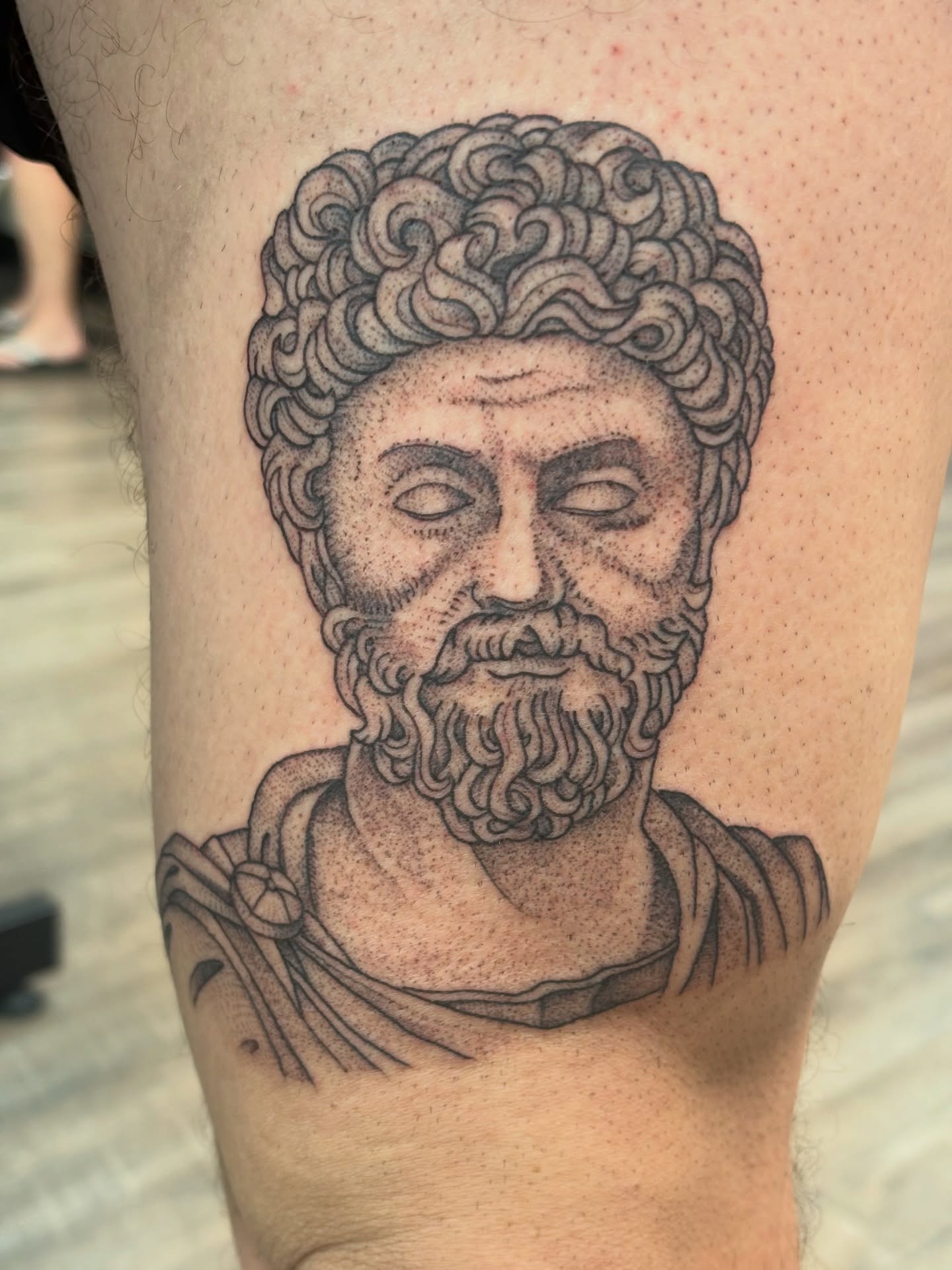 Ancient philosopher dotwork tattoo on the thigh by Jason Allen, Avondale, Arizona