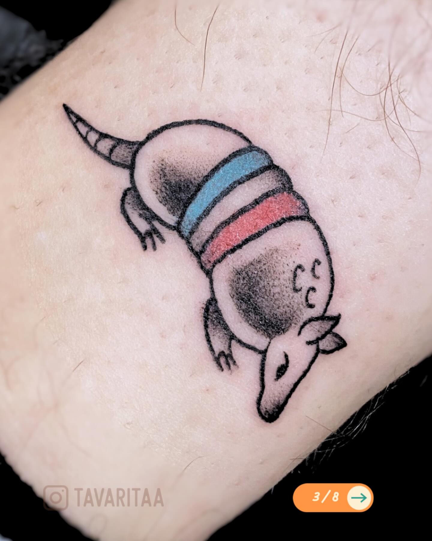 Armadillo wearing hat American traditional tattoo on the forearm by Tavarita