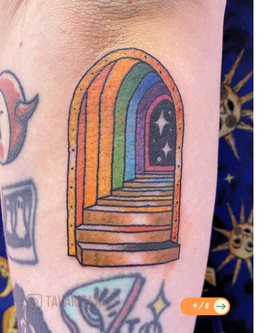 Rainbow archway dotwork tattoo on the forearm by Tavarita