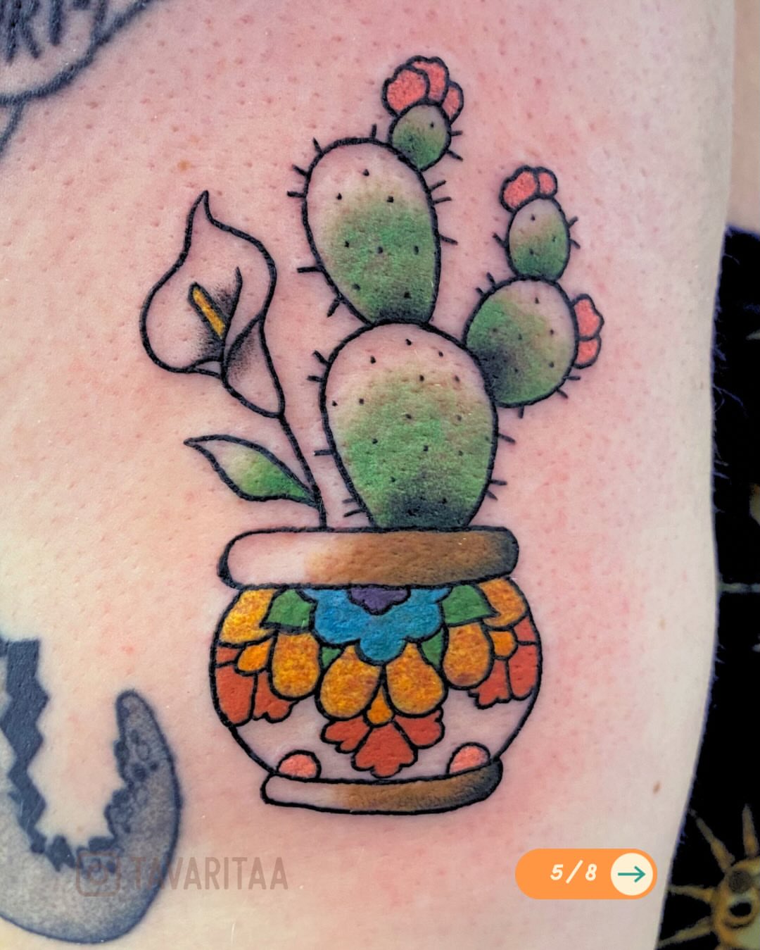 Cactus in pot new school tattoo on the forearm by Tavarita