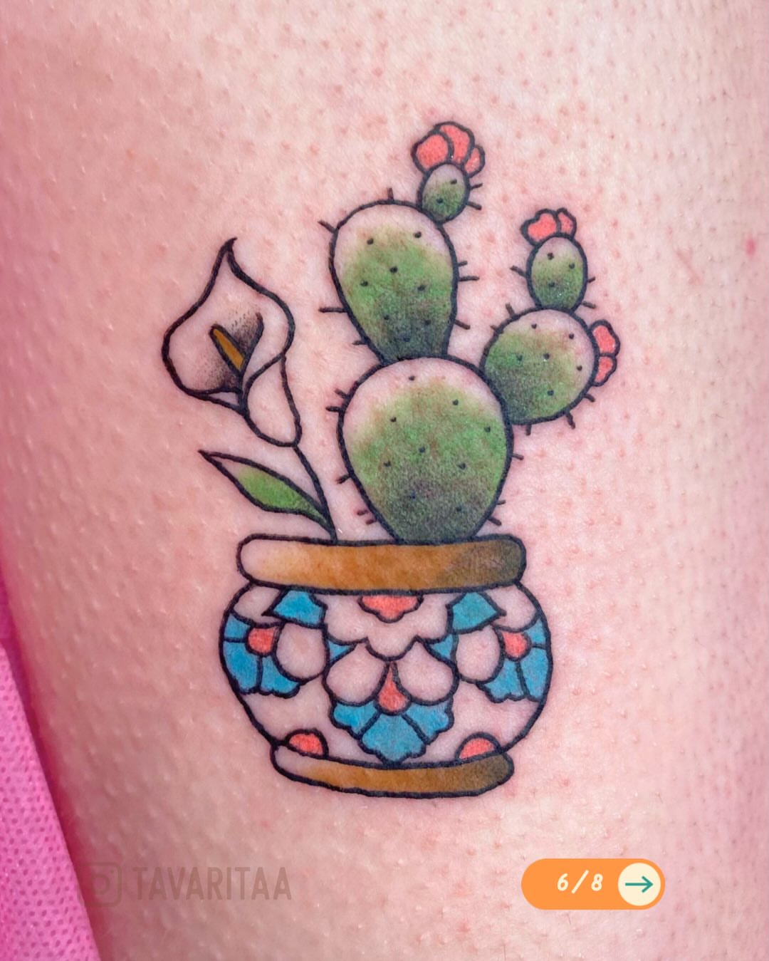 Cactus and calla lily dotwork tattoo on the thigh by Tavarita